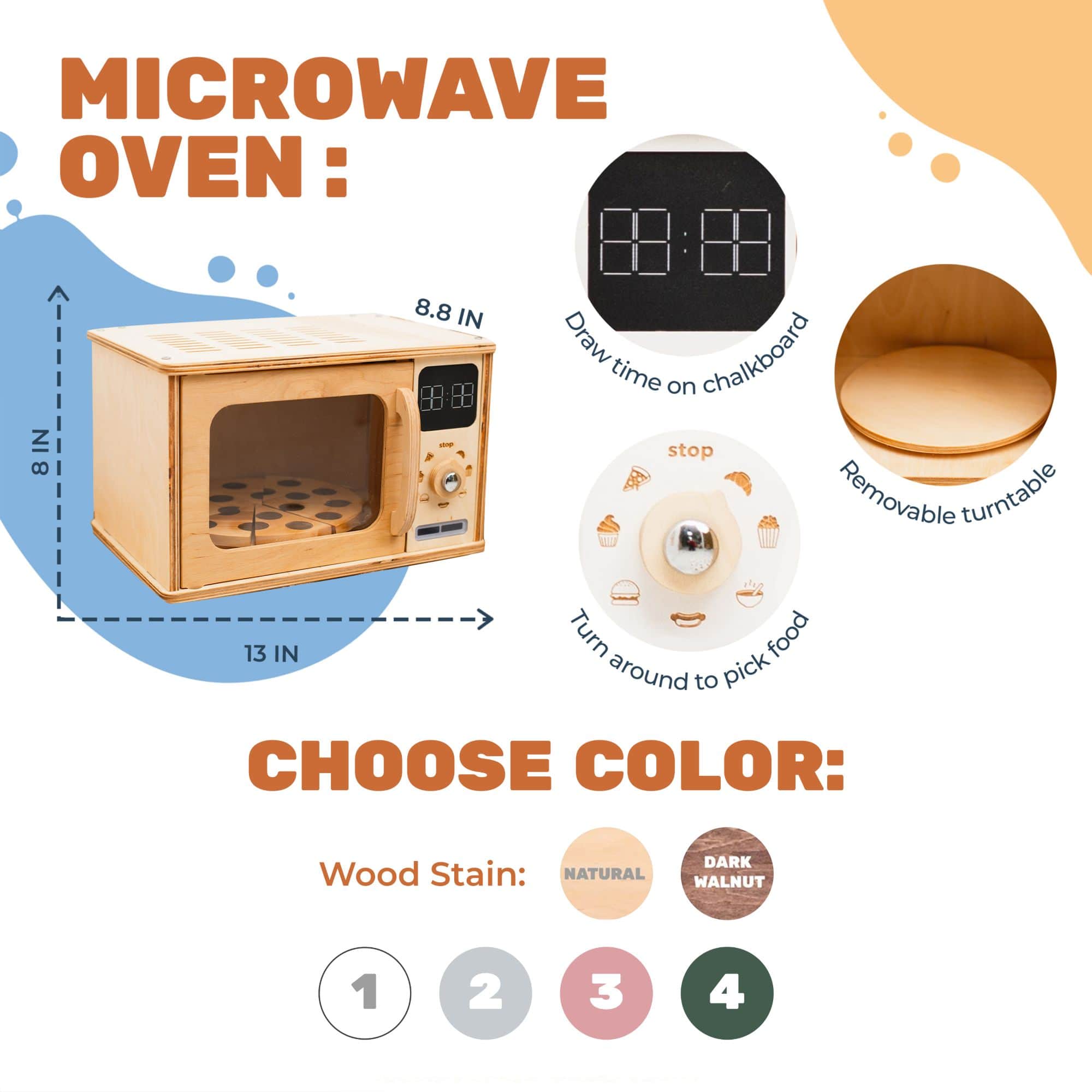 Wooden toy microwave oven with removable turntable and chalkboard timer.