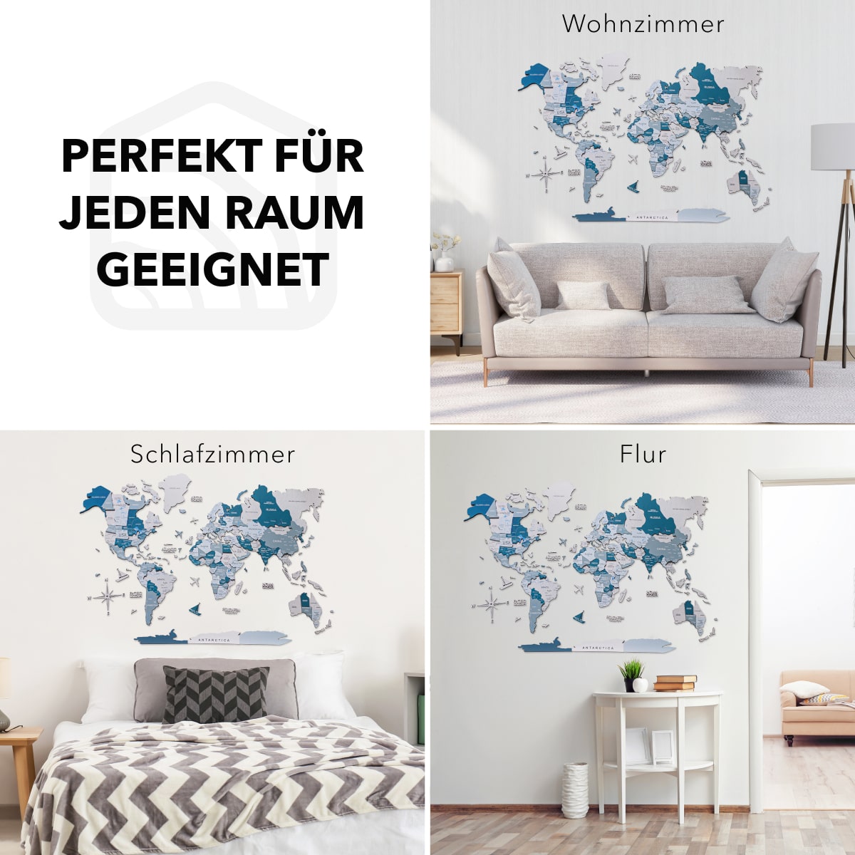 3D Weltkarte aus Holz Aqua