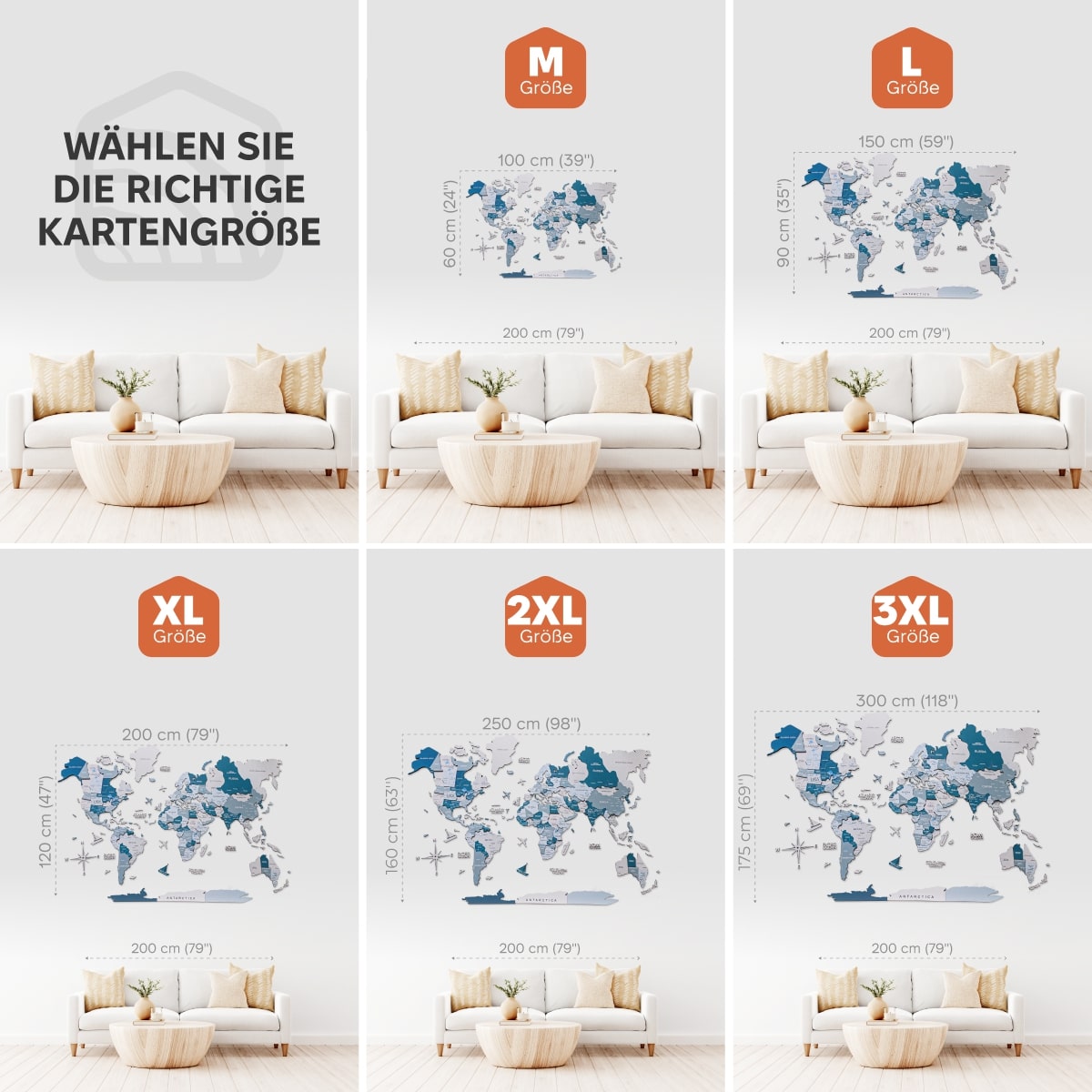 3D Weltkarte aus Holz Aqua