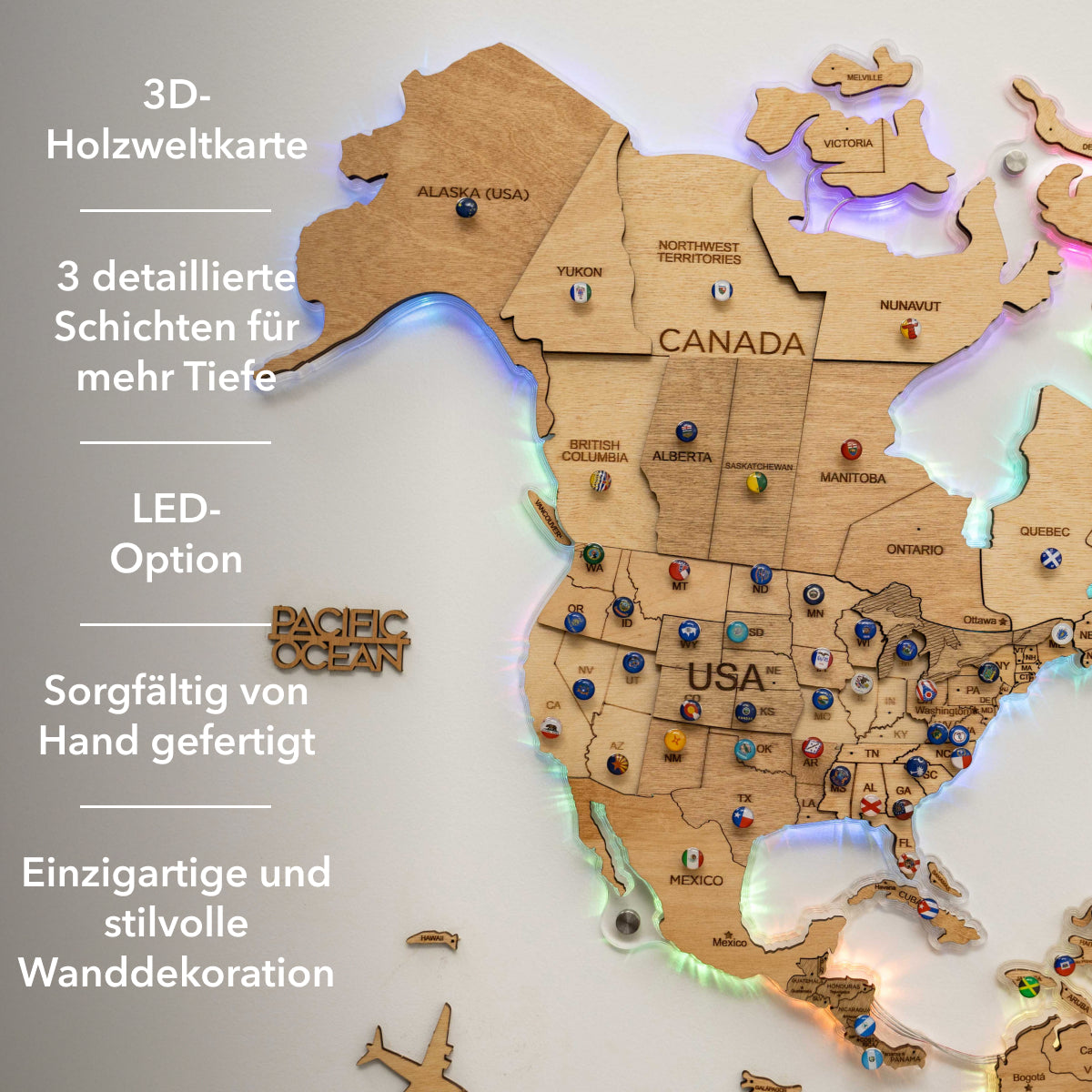 3D LED Wooden World Map 2.0 - Gold