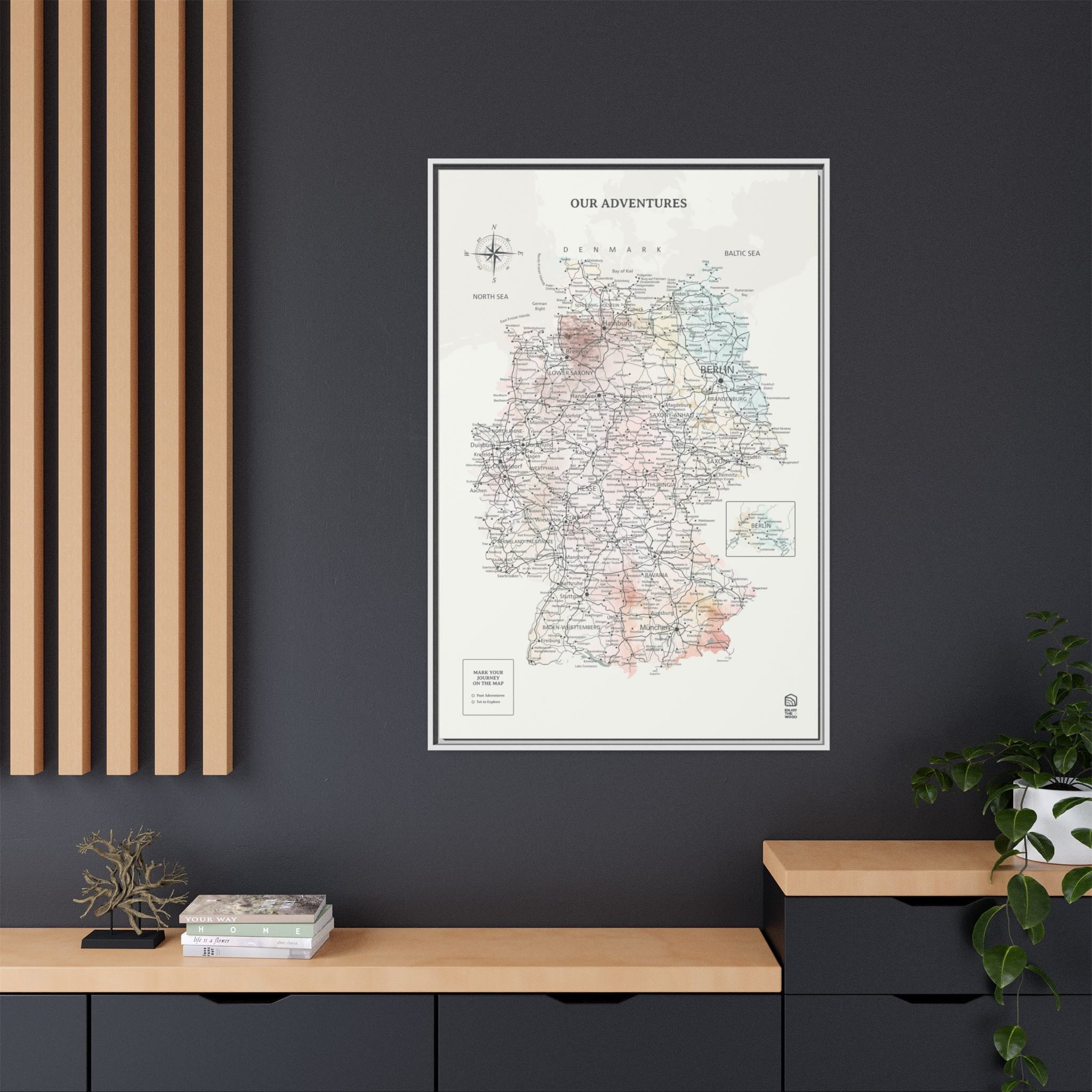 Framed map of Germany on a dark wall with wooden shelves and plants.