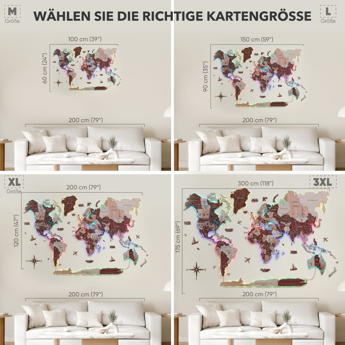 3D LED-Holzweltkarte 2.0 Cappucino