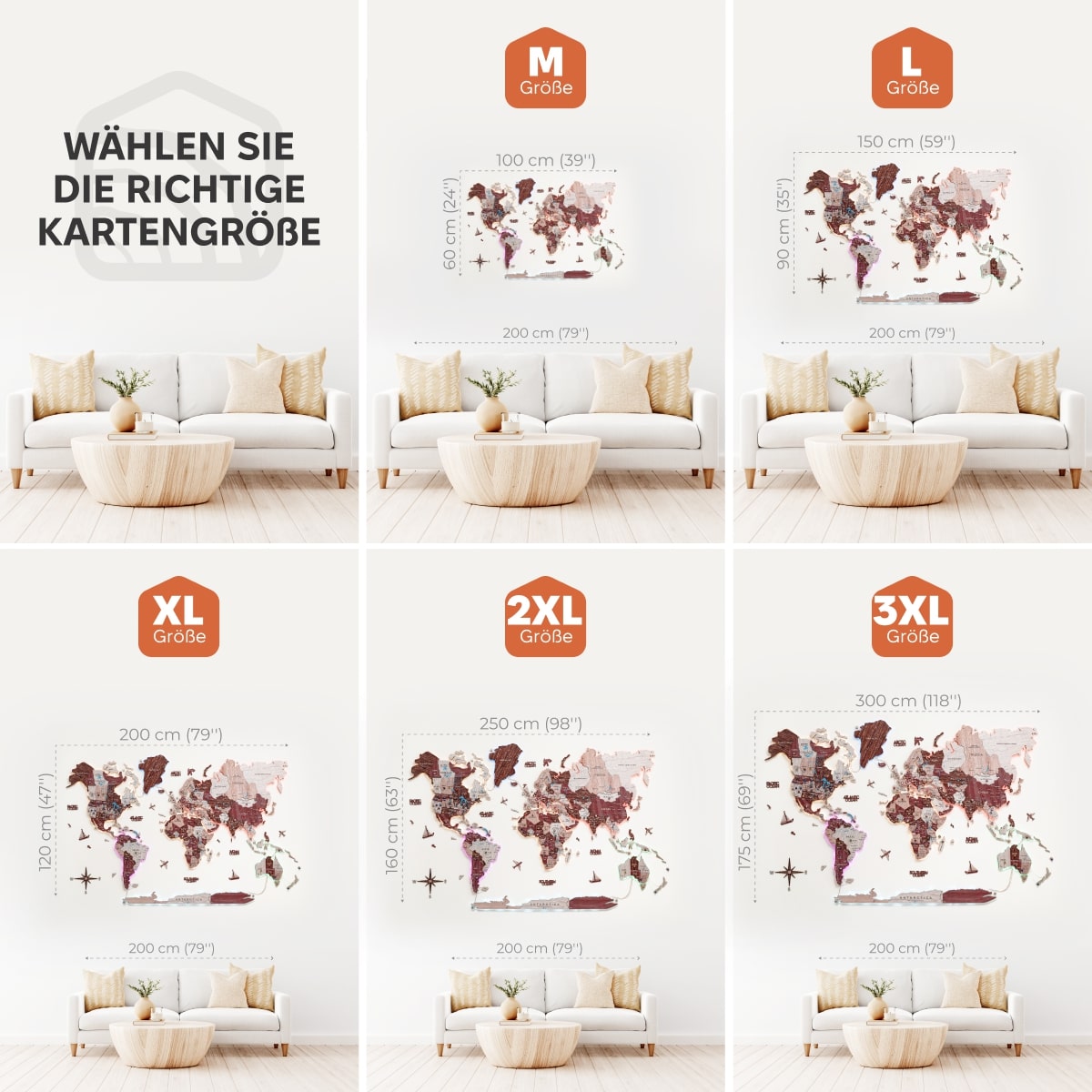 3D LED-Holzweltkarte 2.0 Cappucino