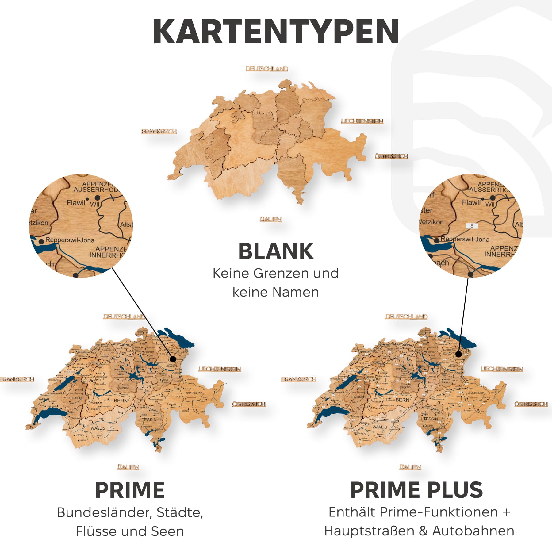 3D Wooden Map of Switzerland - Gold