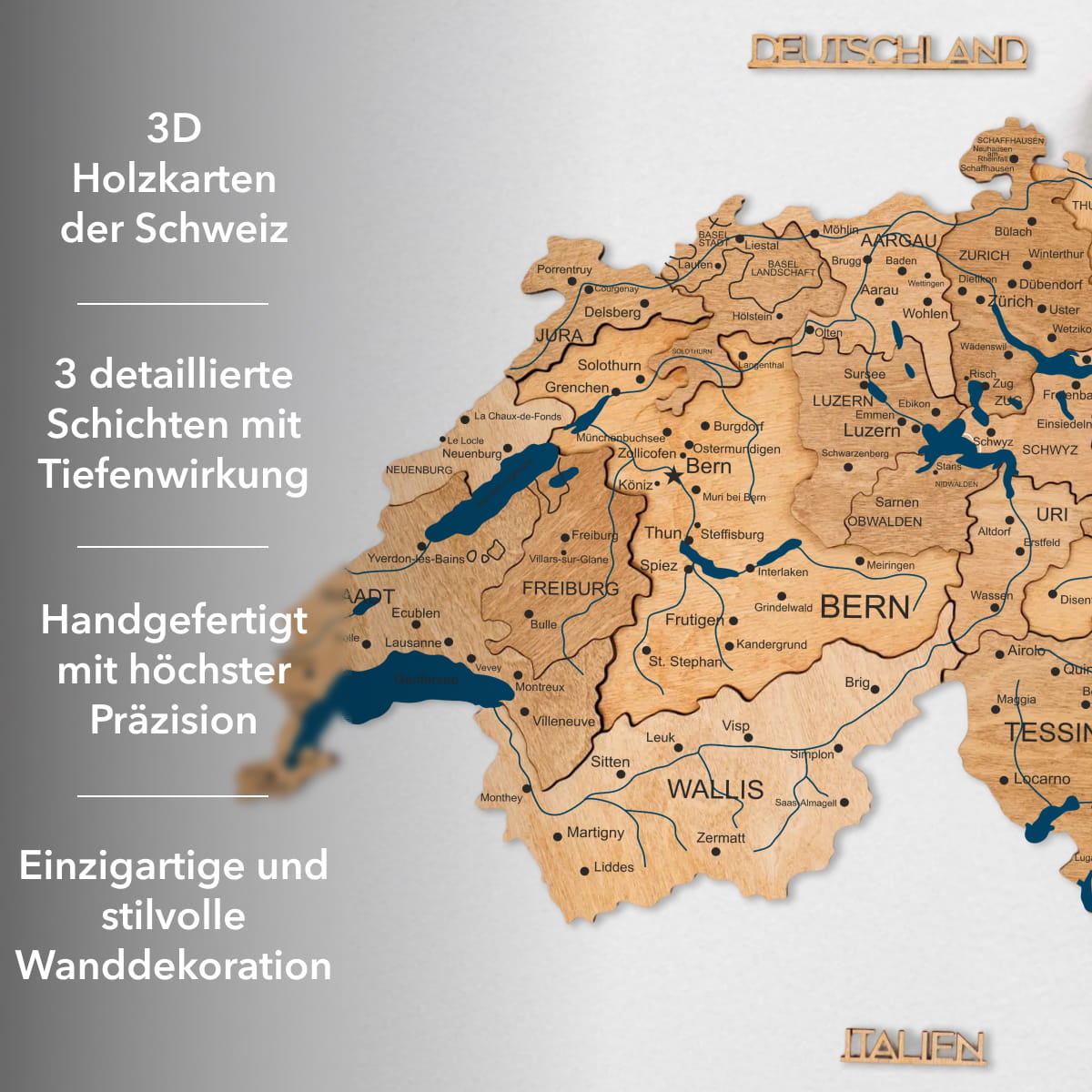 3D Wooden Map of Switzerland - Gold