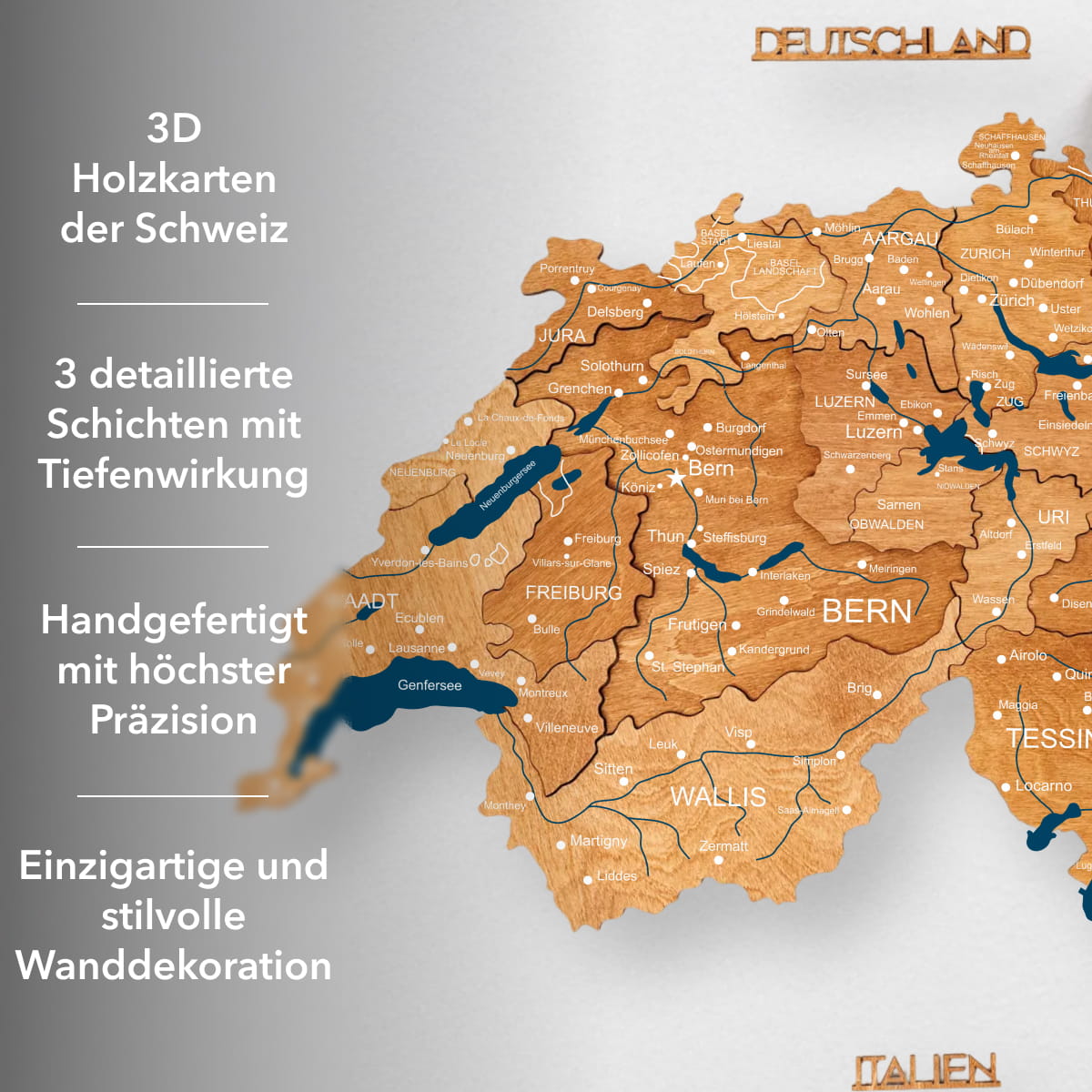 3D Wooden Map of Switzerland – Oak