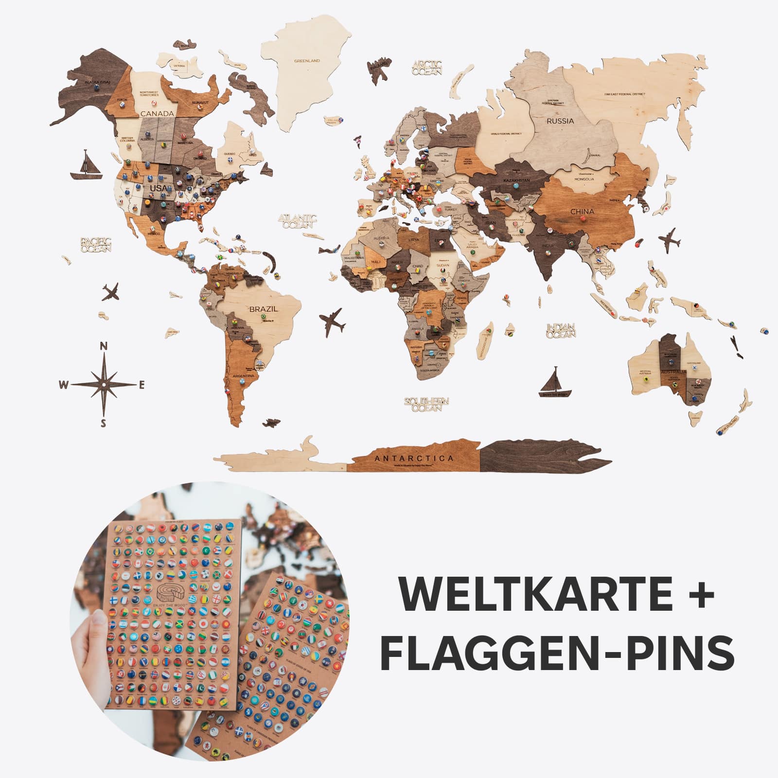 3d wooden map and flag pins