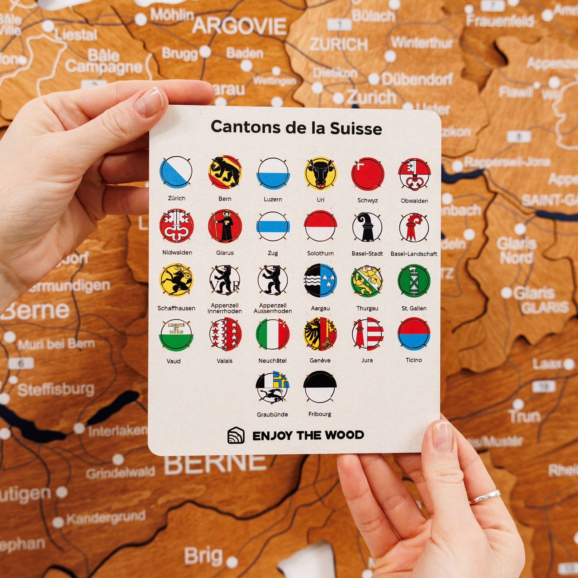Card with Swiss canton flags held over a wooden map of Switzerland