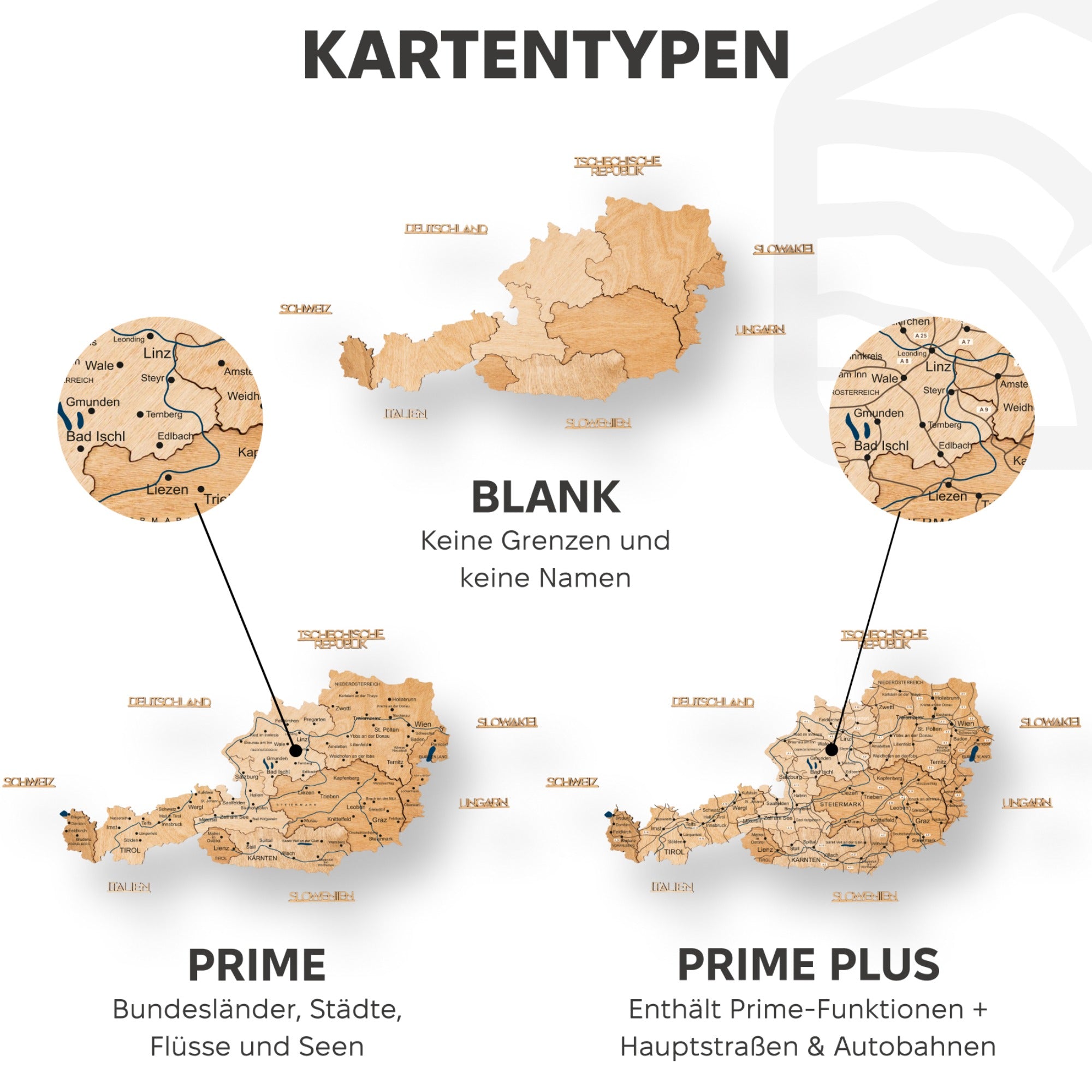 3D Österreich Holzkarte Gold