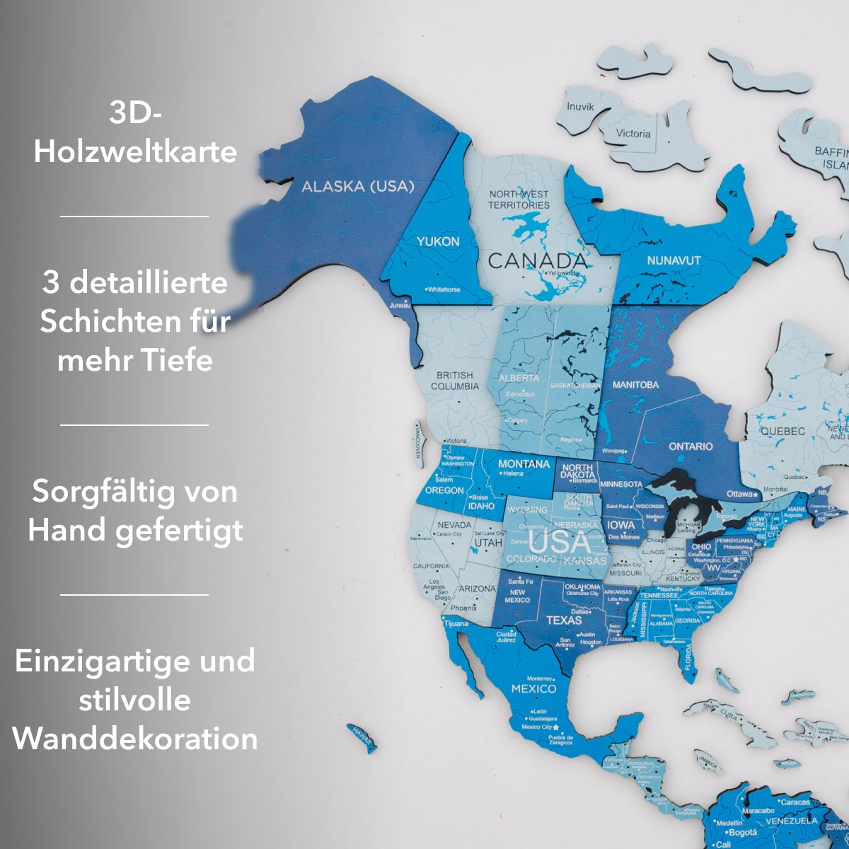 3d weltkarte aus holz azurblau