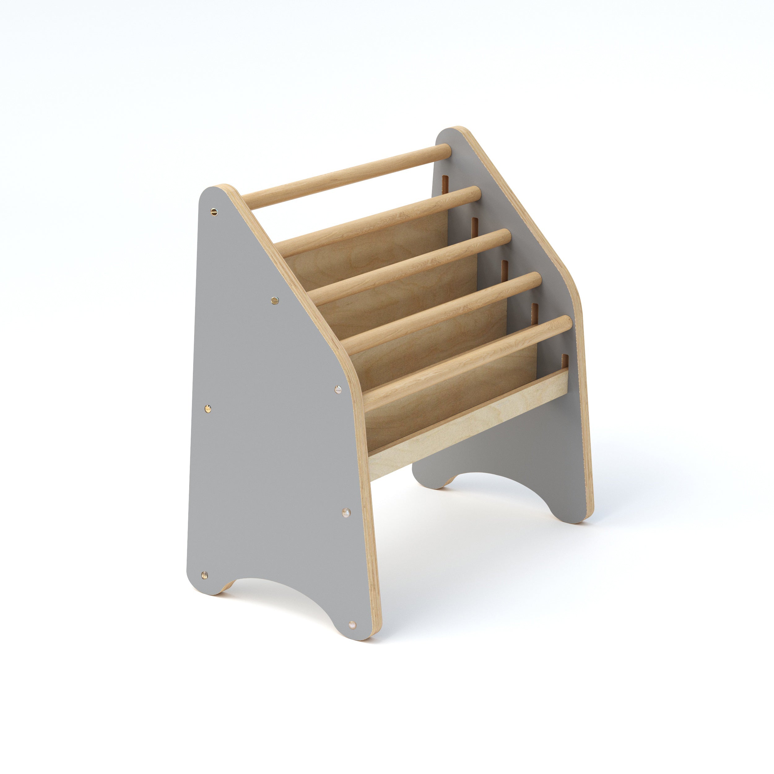 Children's wooden stool with gray base and beige steps on a white background