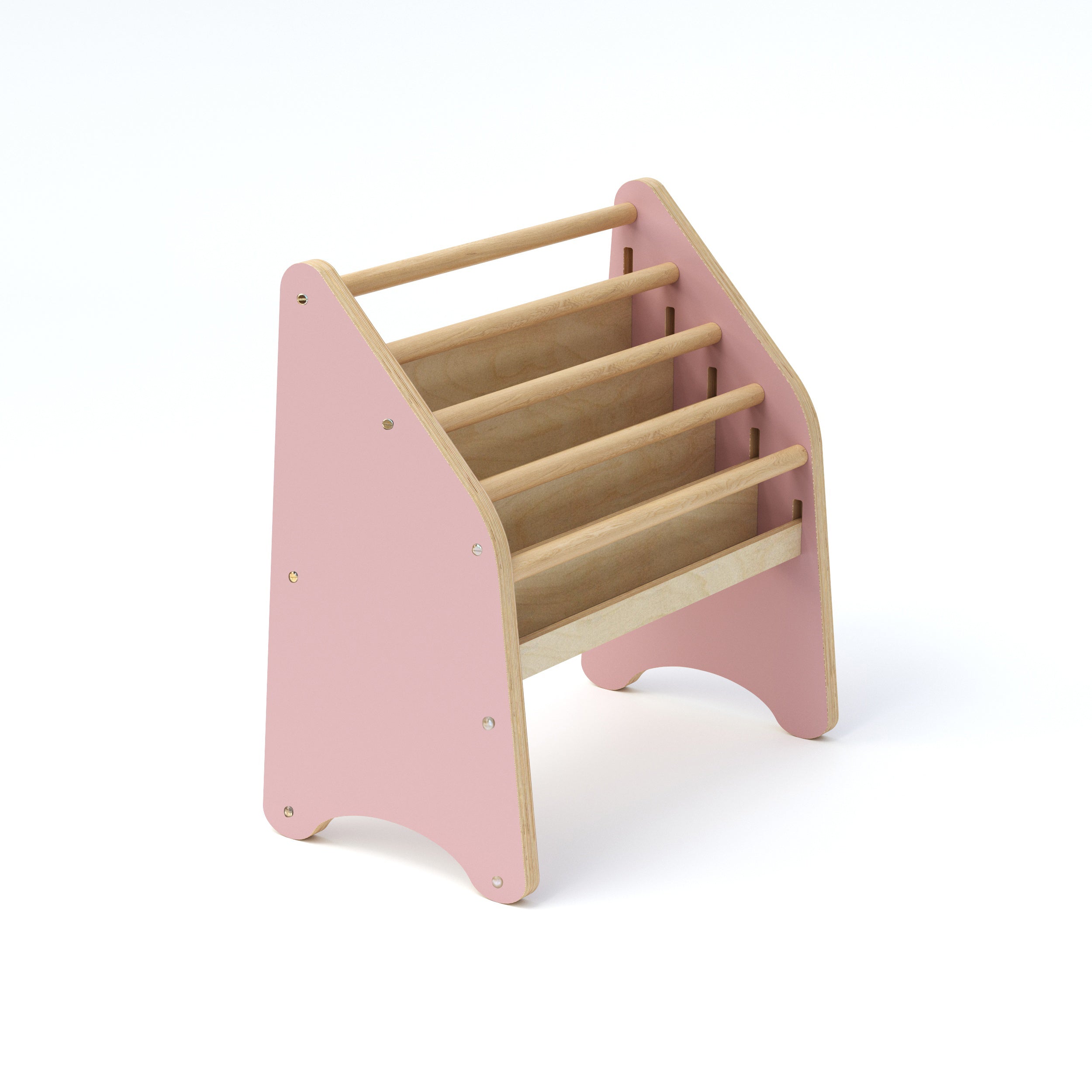 Pink and wooden toy stand on a white background