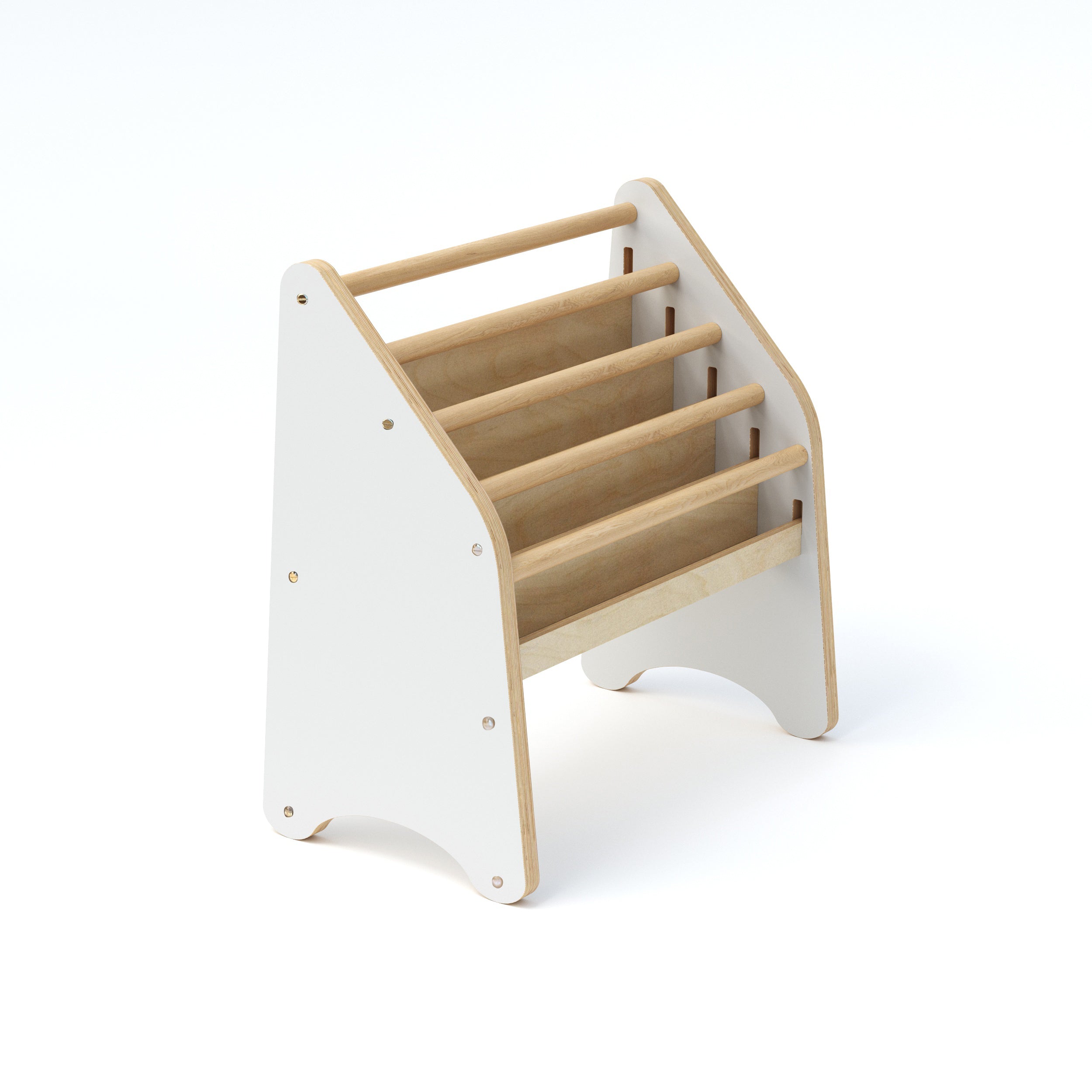 Wooden toy shelf with white base on a white background