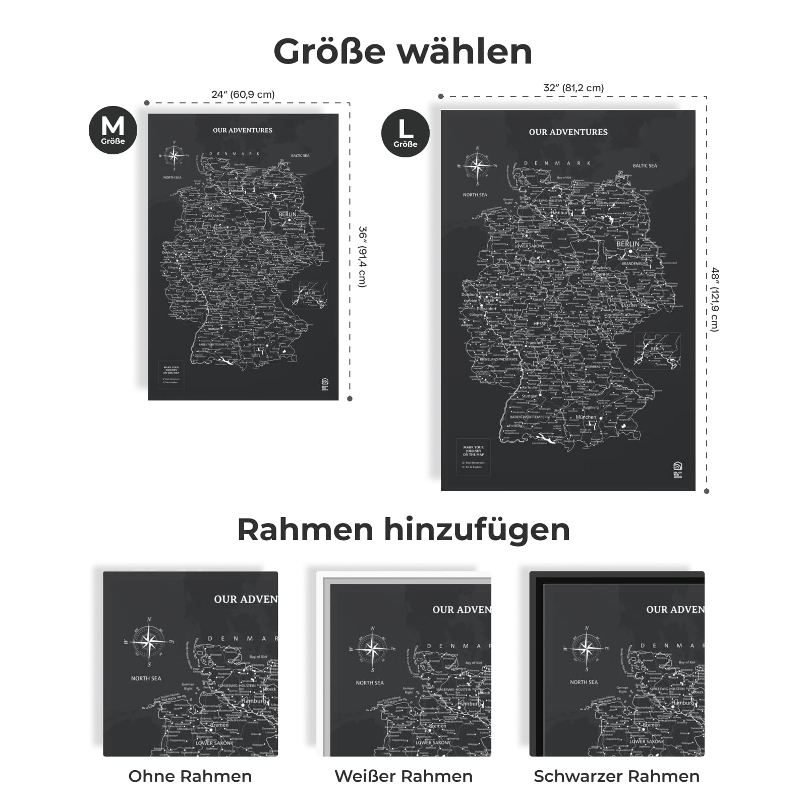 Wooden map of Germany on canvas - Black