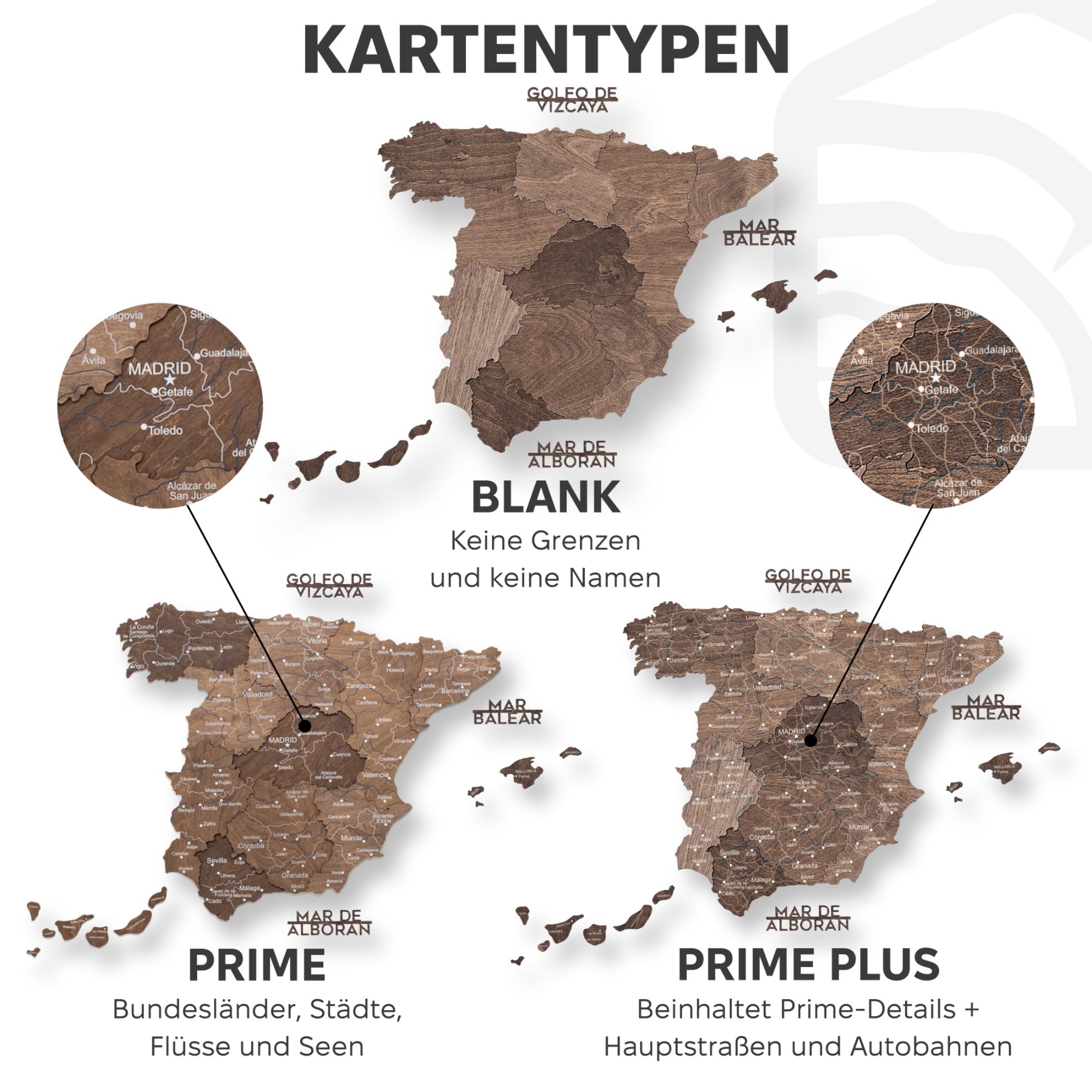 3D Spanienkarte aus Holz – Dunkle Walnuss