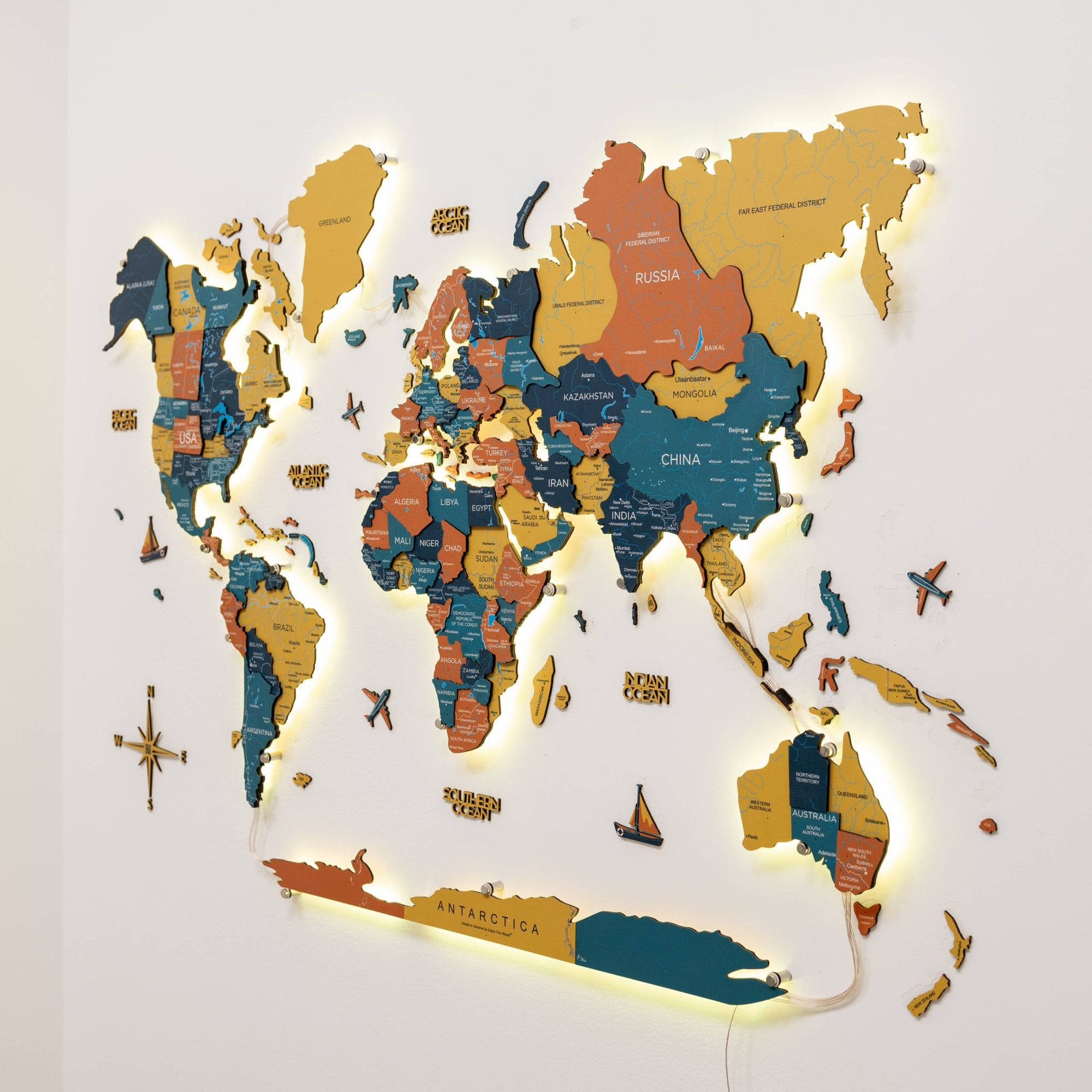 World map with illuminated edges on a light gray background