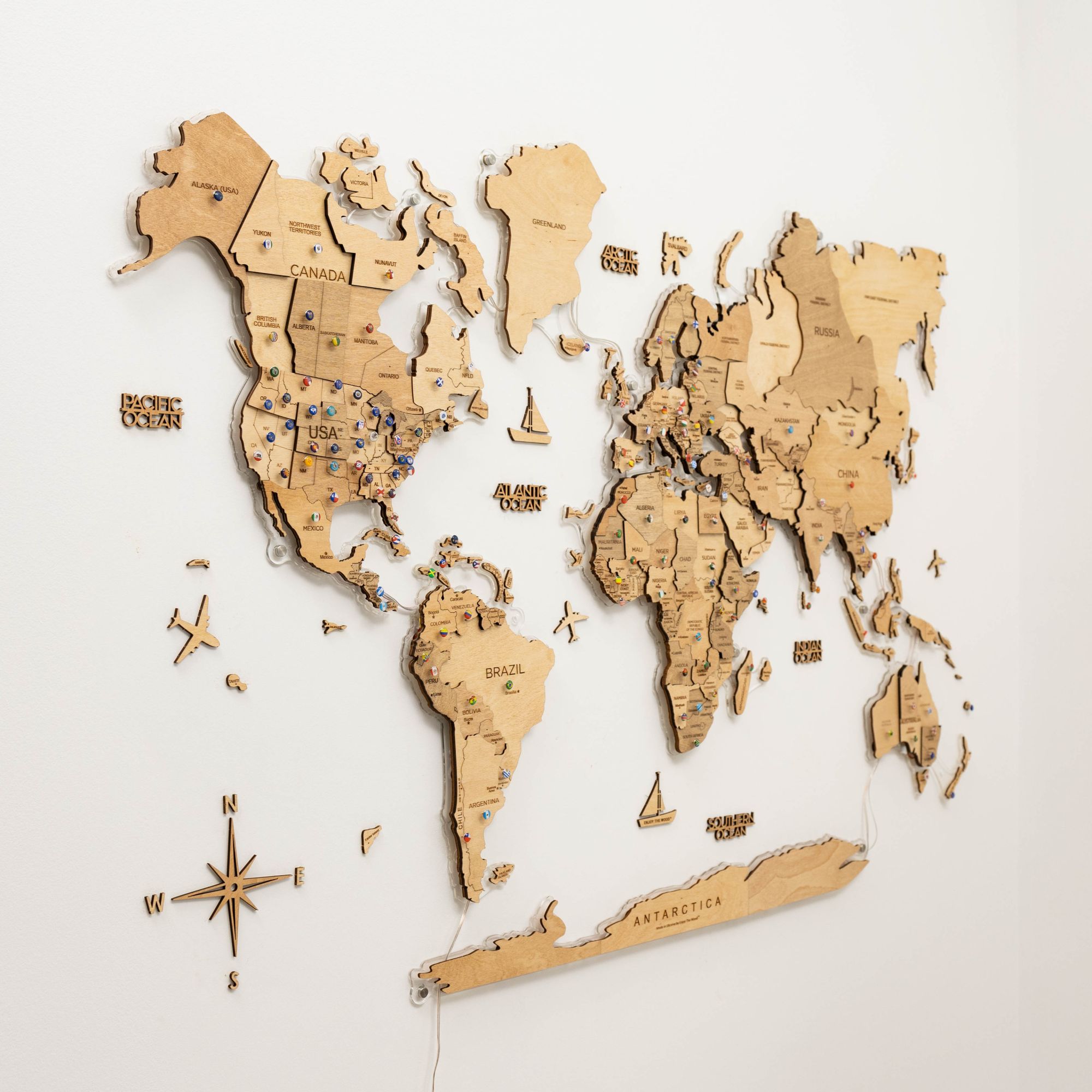 3D LED Wooden World Map 2.0 - Gold