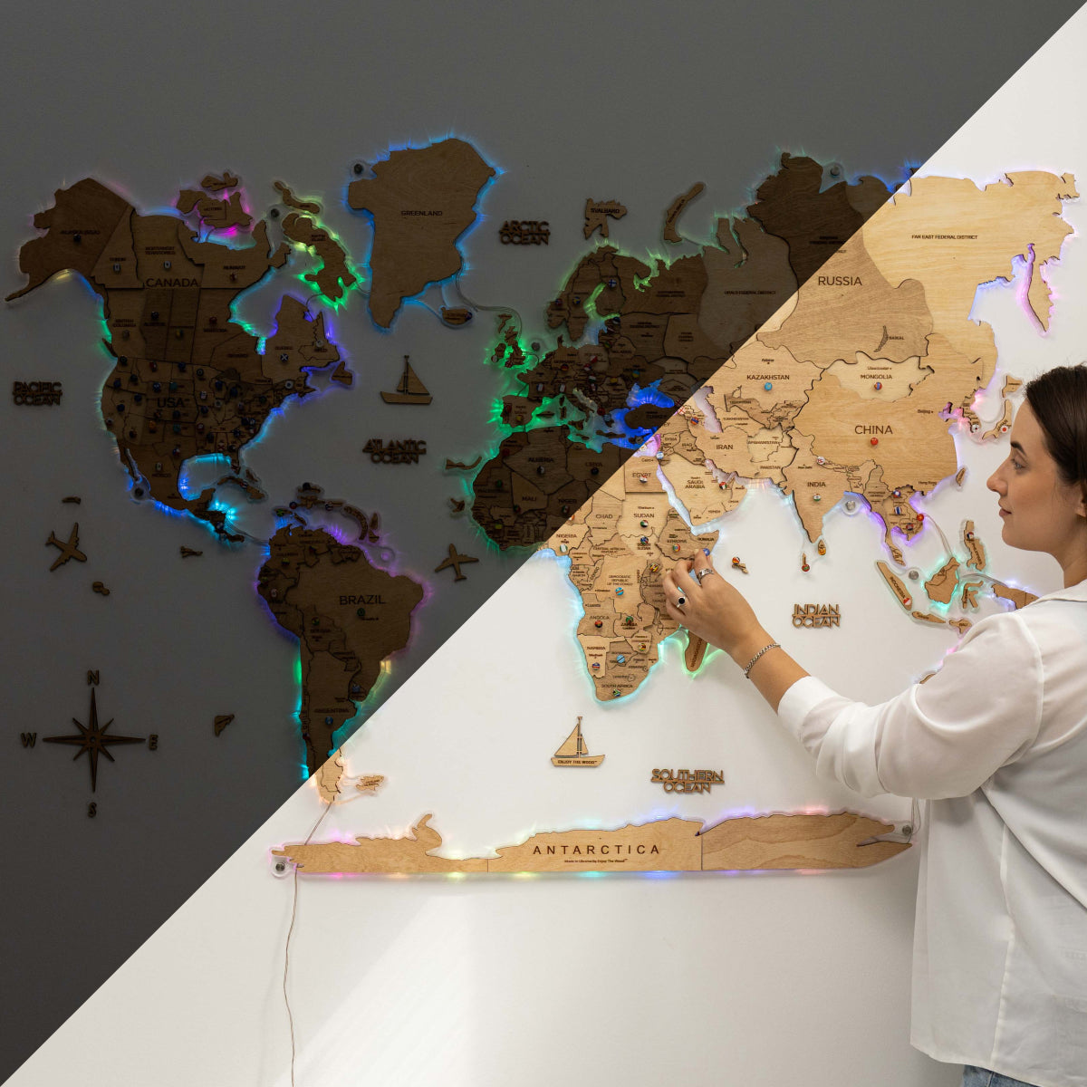 3D LED Wooden World Map 2.0 - Gold