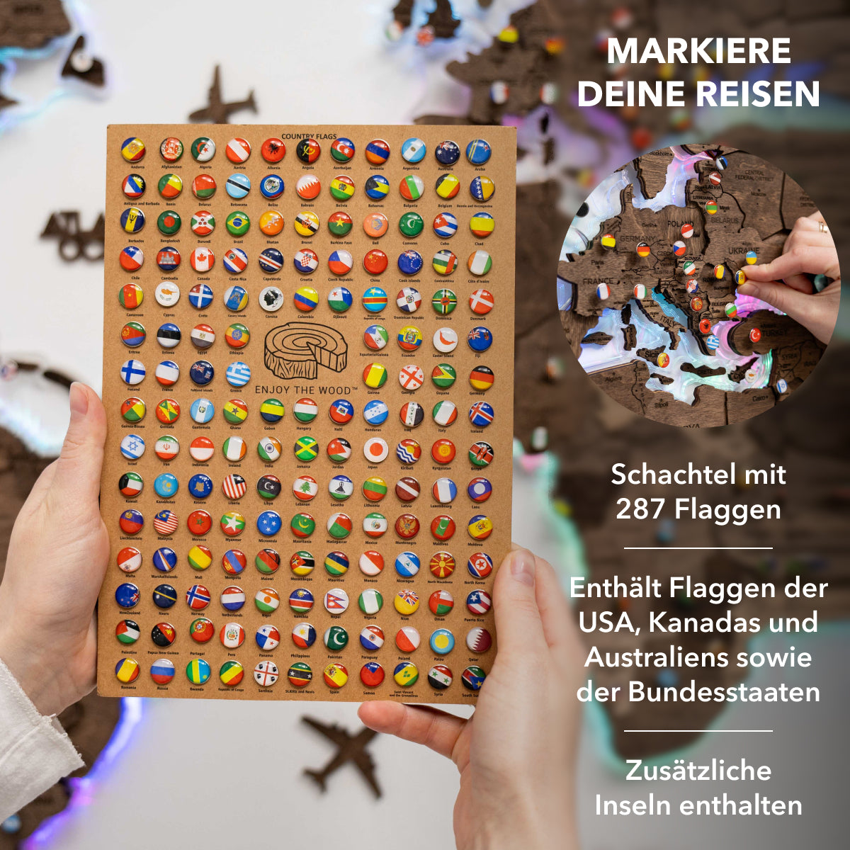 World map wall decoration with LED lights on a gray wall