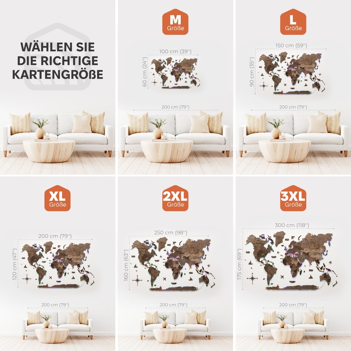 World map wall decoration with LED lights on a gray wall