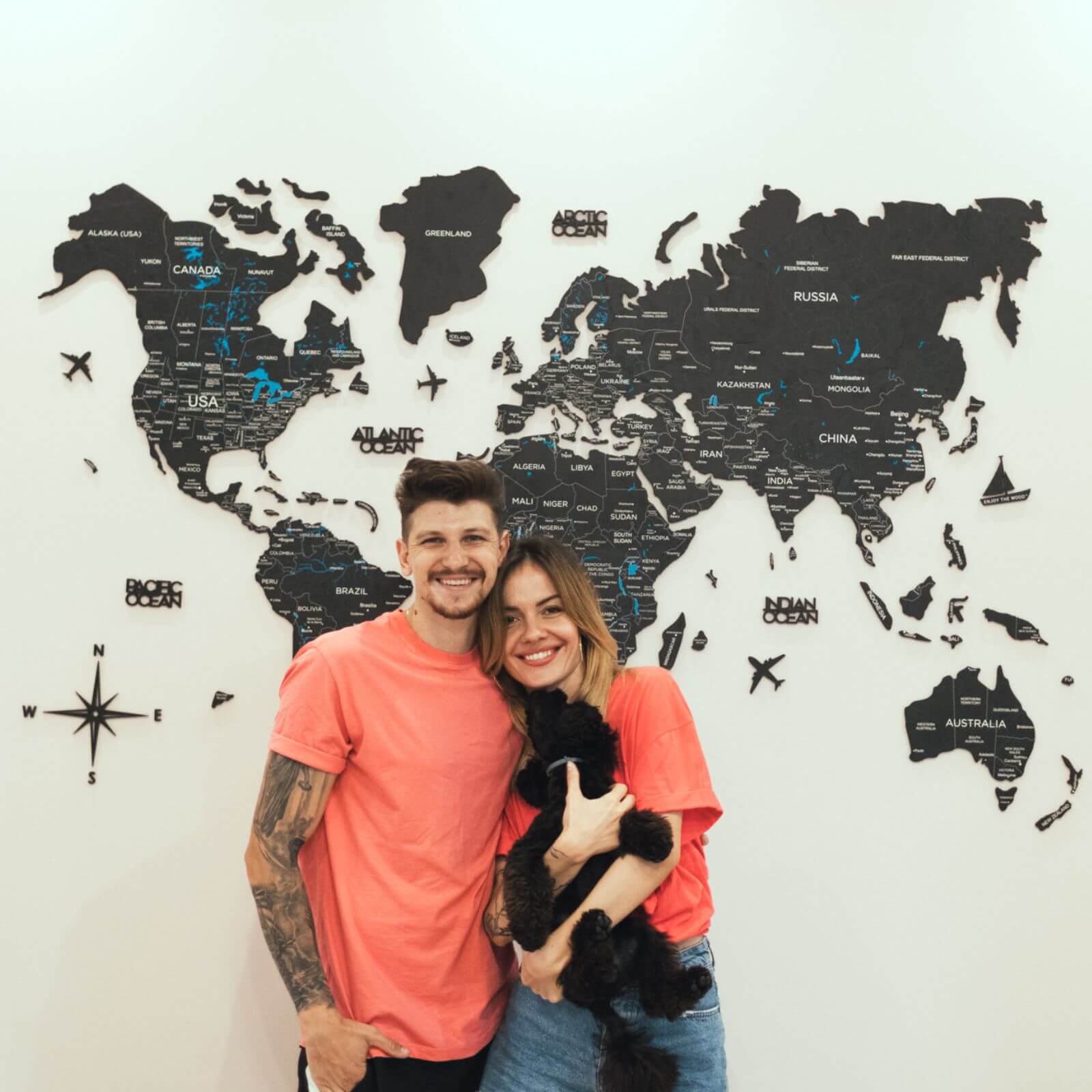 3D Wooden World Map Midnight