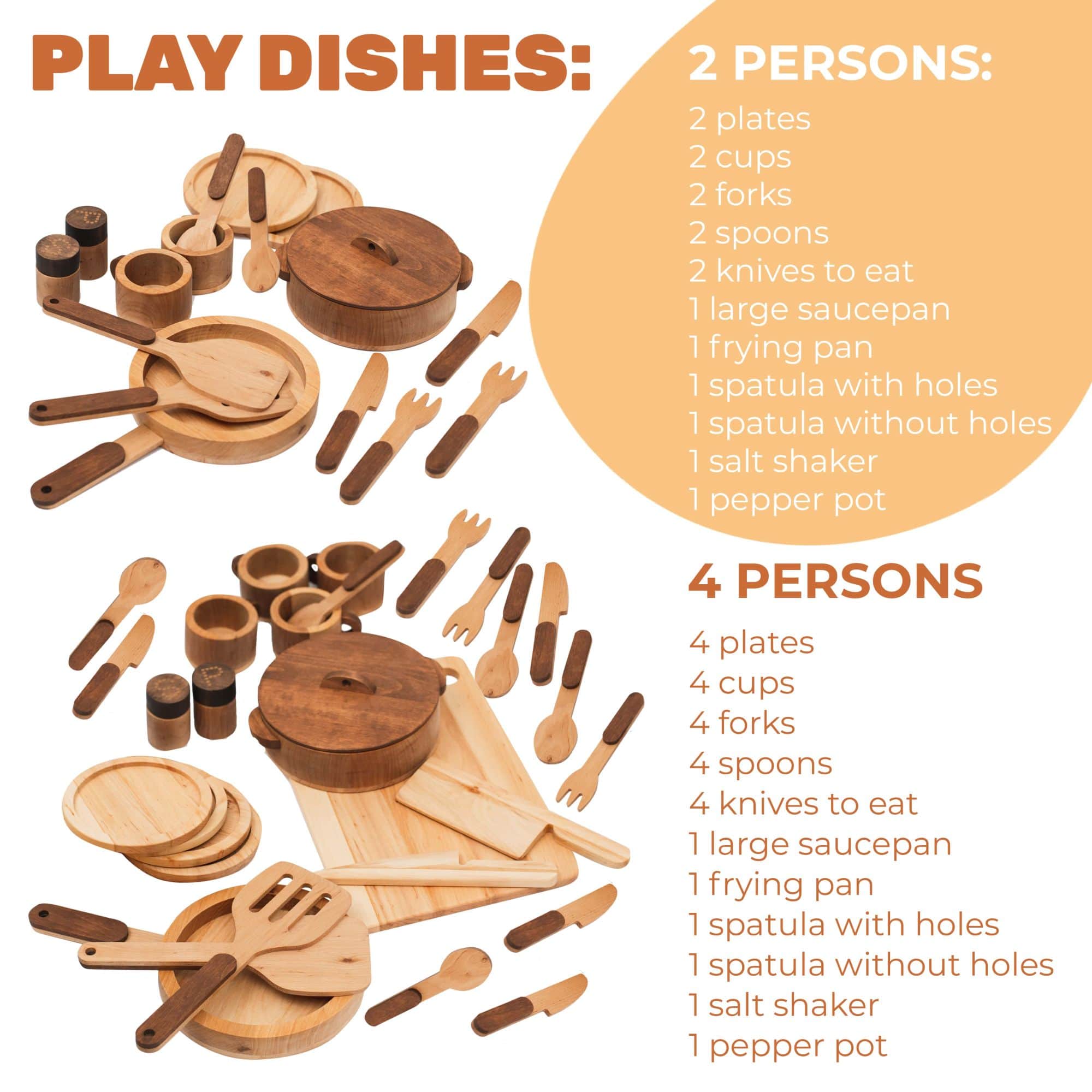 Wooden play dishes set for kids, 2 and 4 persons options.
