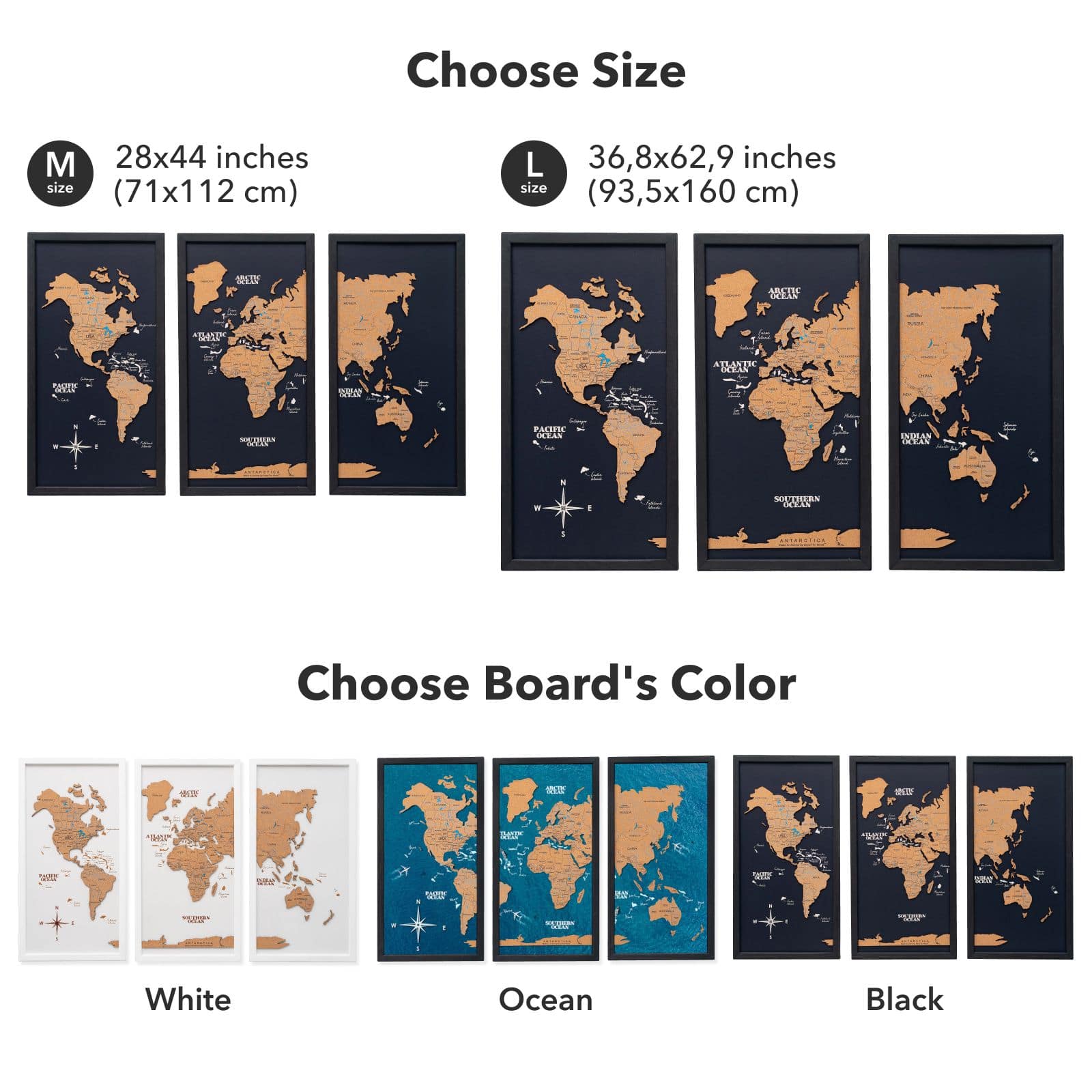 Kork-Weltkarte Triptychon – Weiß