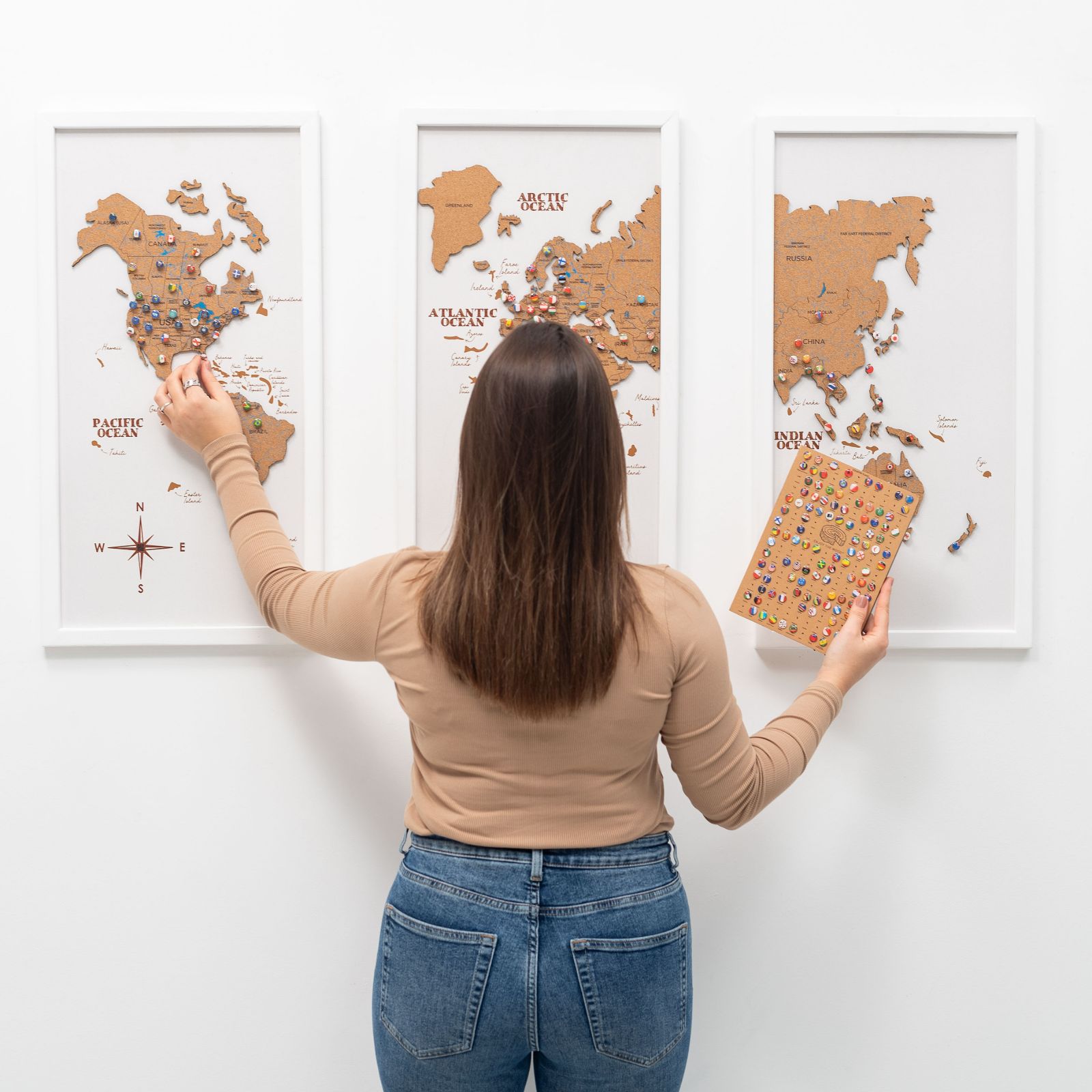 Kork-Weltkarte Triptychon – Weiß