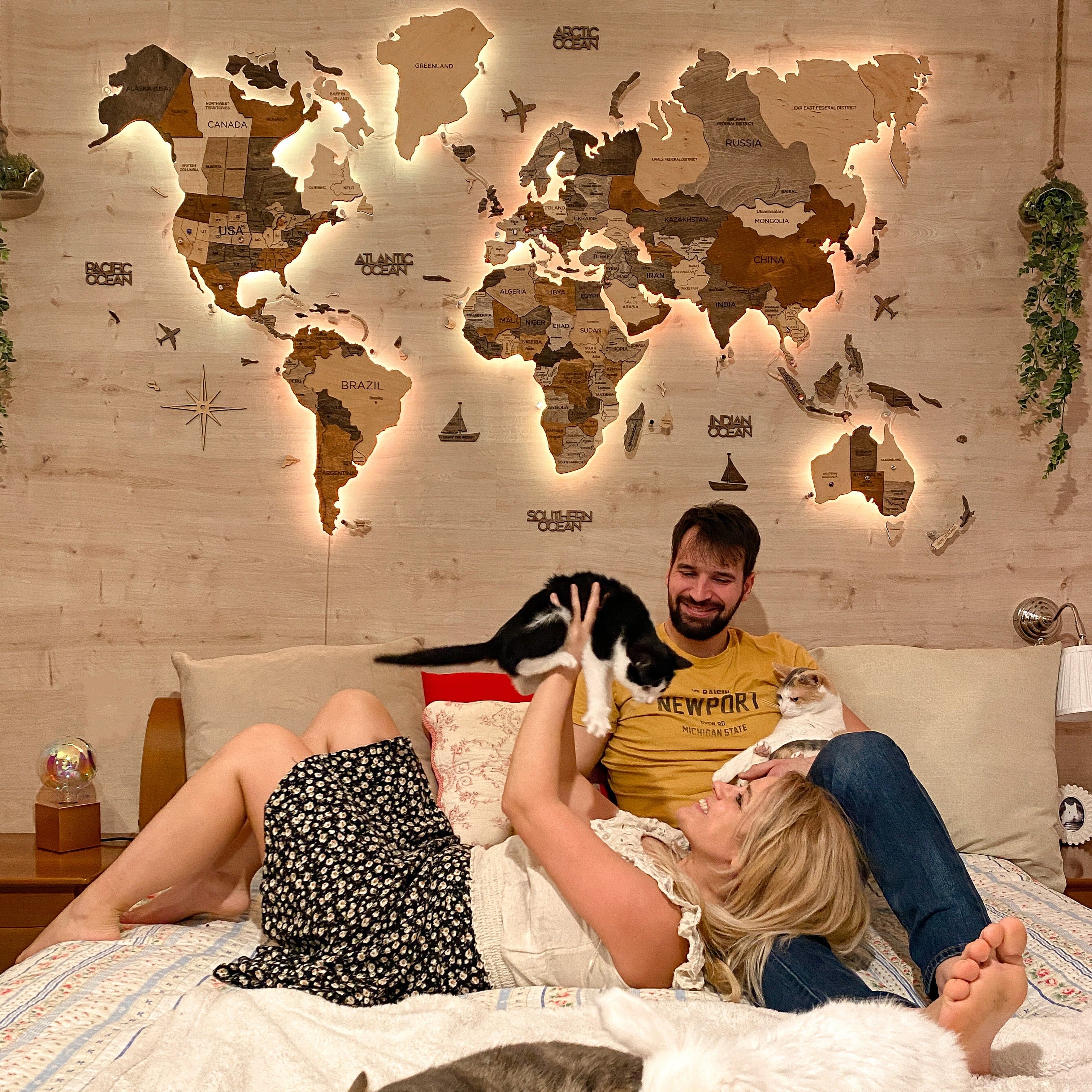 weltkarte 3d led holz