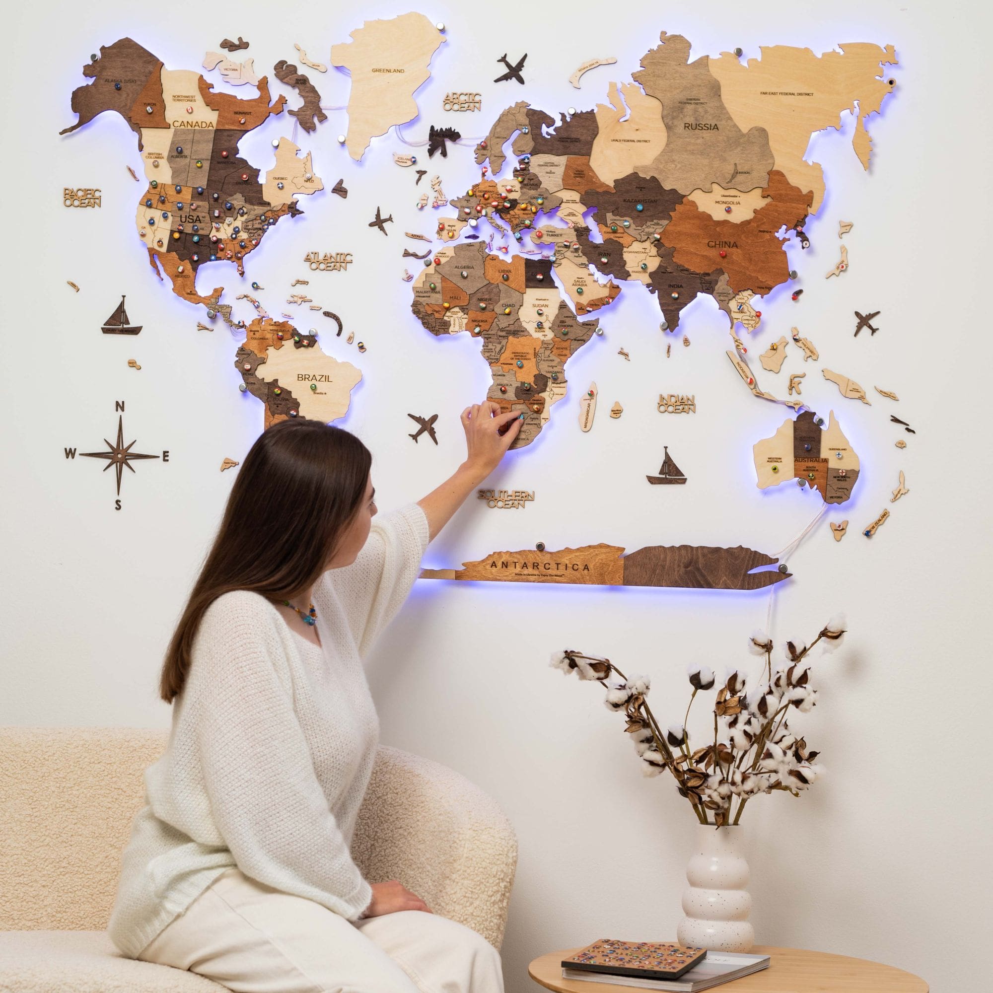 3D LED Wood World Map