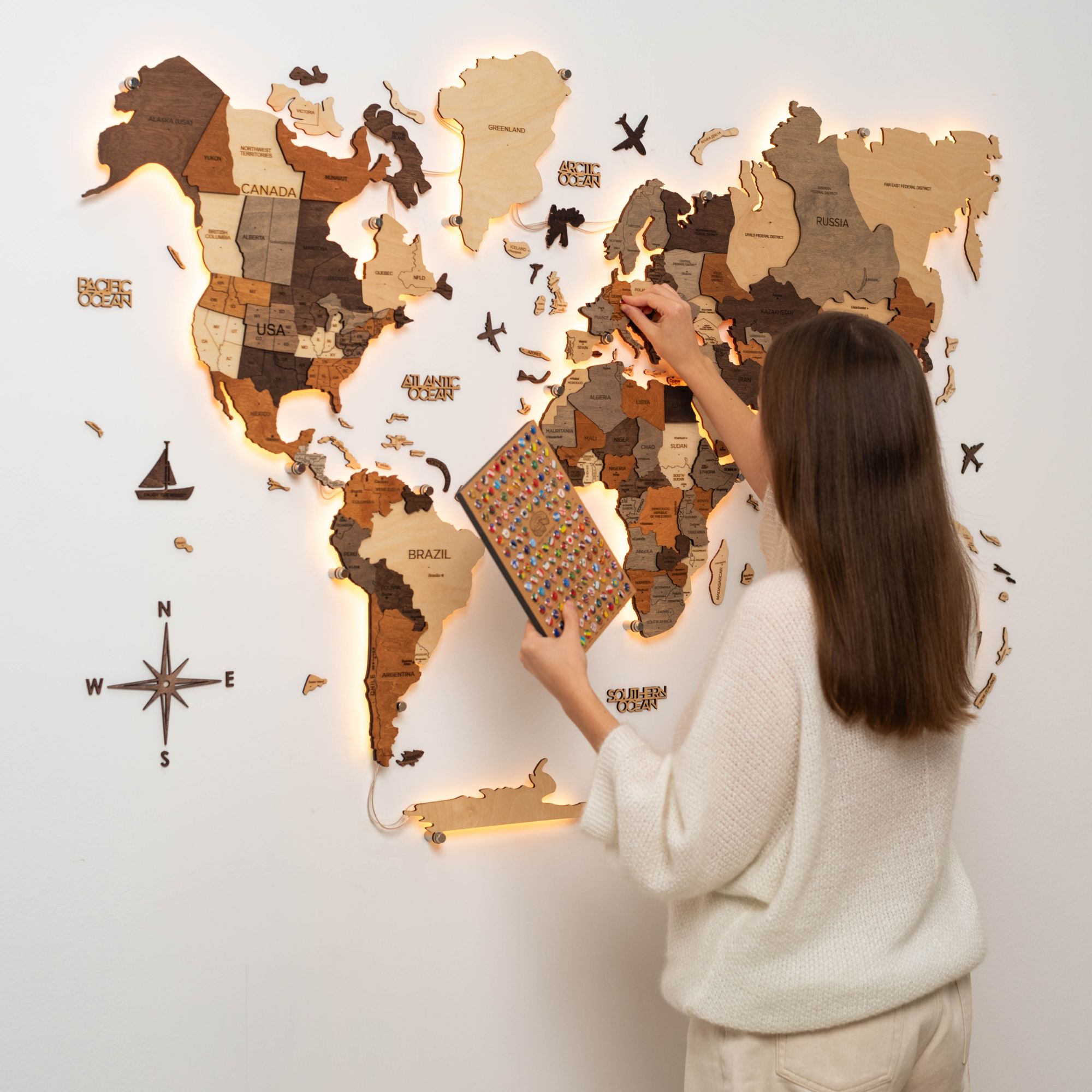 3D LED Wood World Map