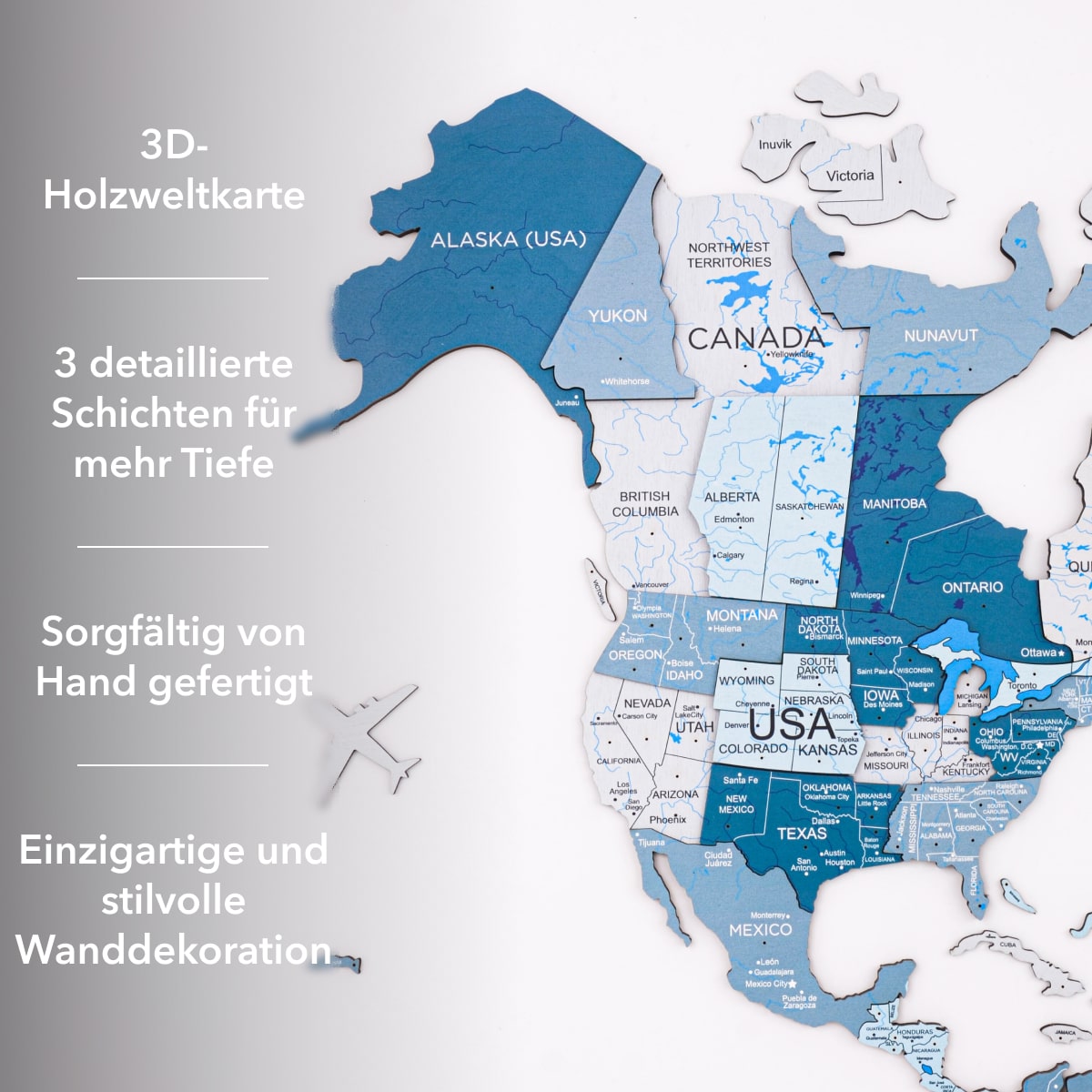3D Weltkarte aus Holz Aqua