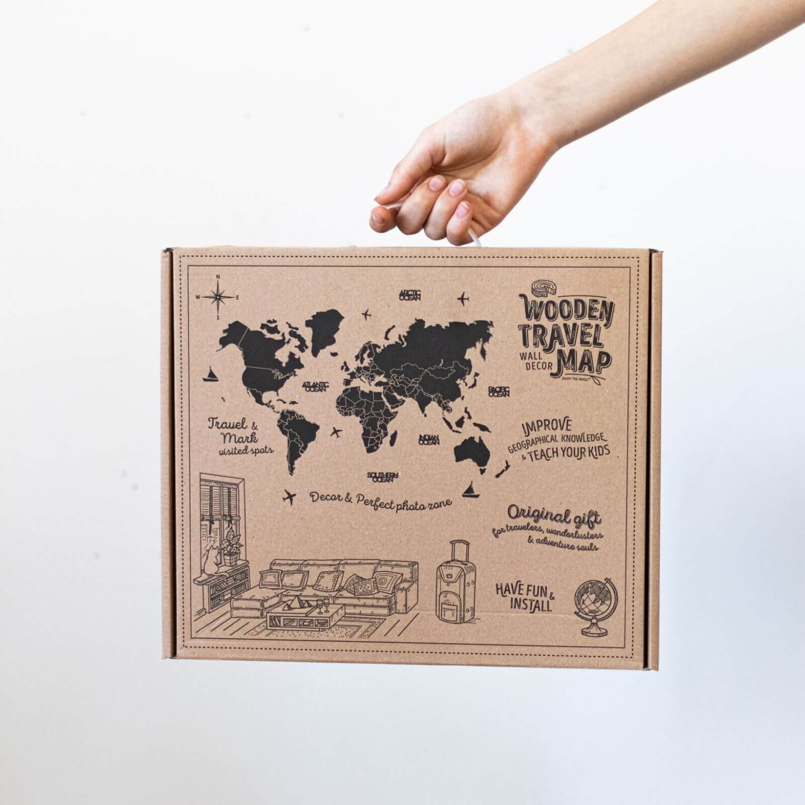3D Leuchtende/Magnetische Farbige Weltkarte aus Holz Indie