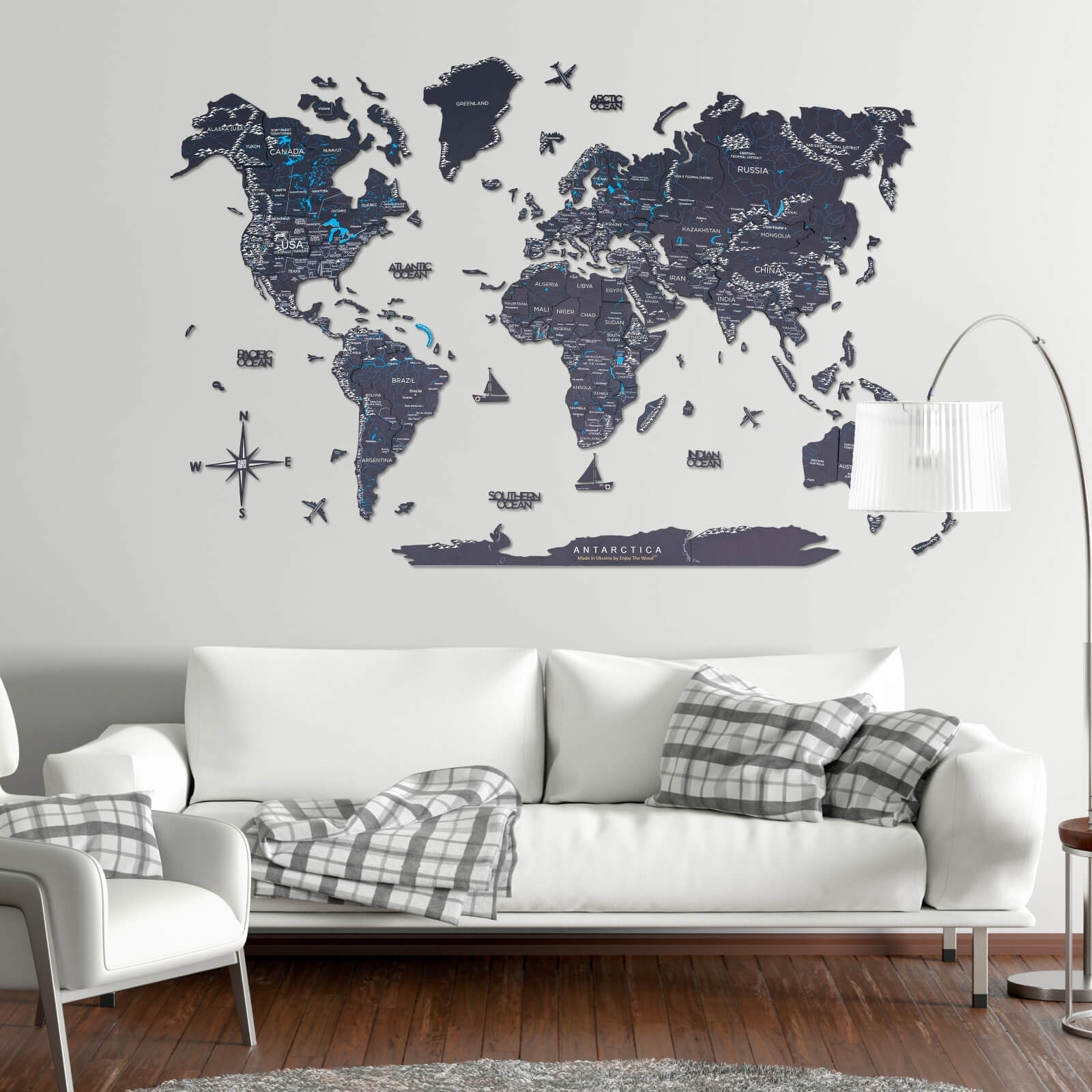 3D Wooden World Map Midnight