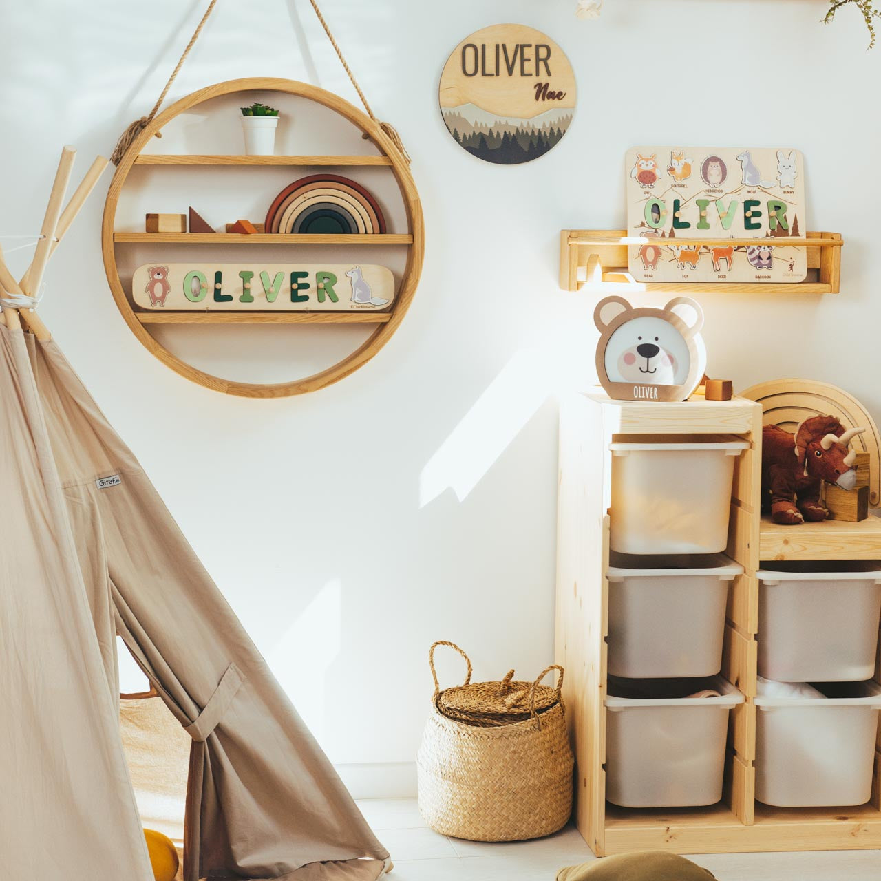 Children's room with wooden shelves, a teepee, and storage bins.