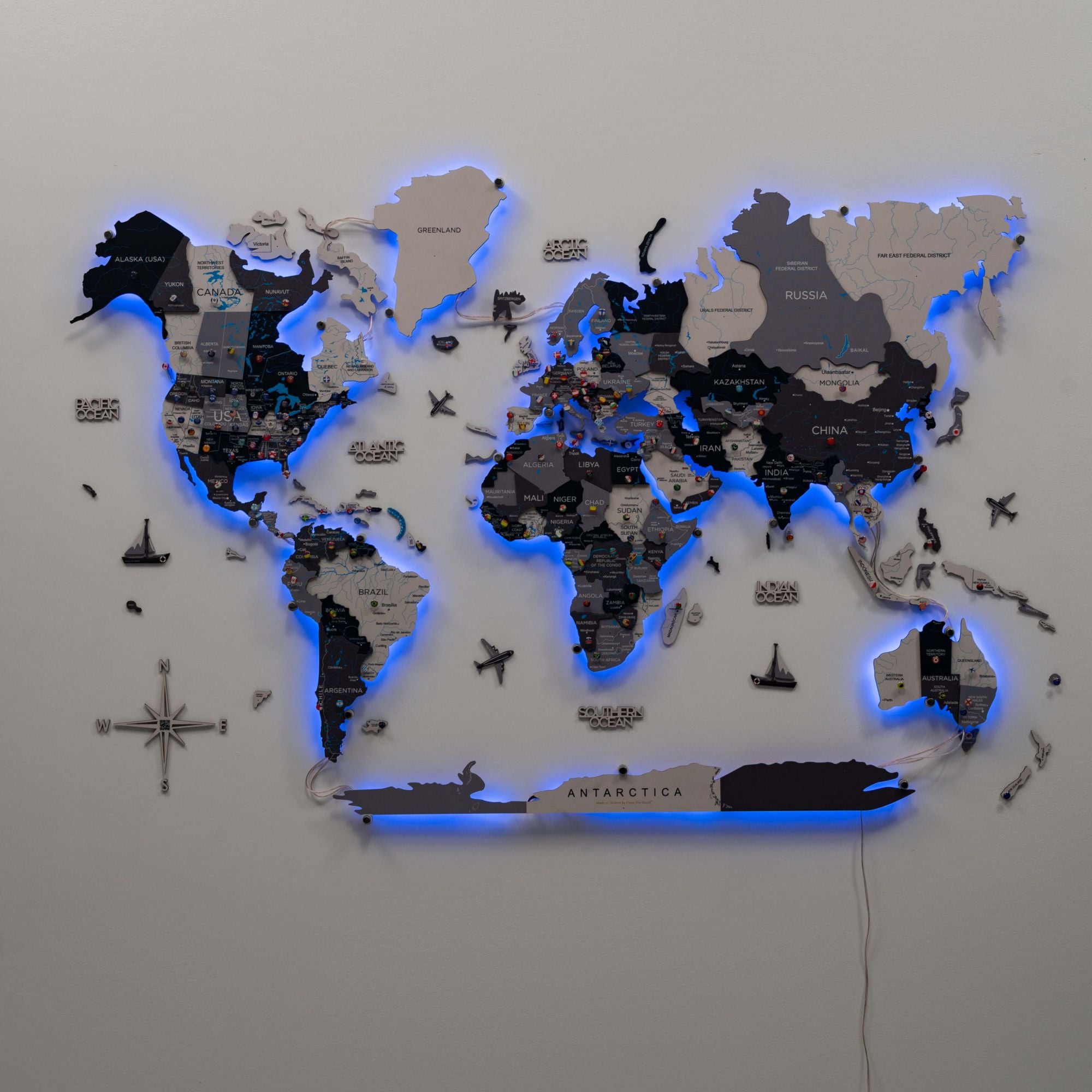 3D LED Wood World Map