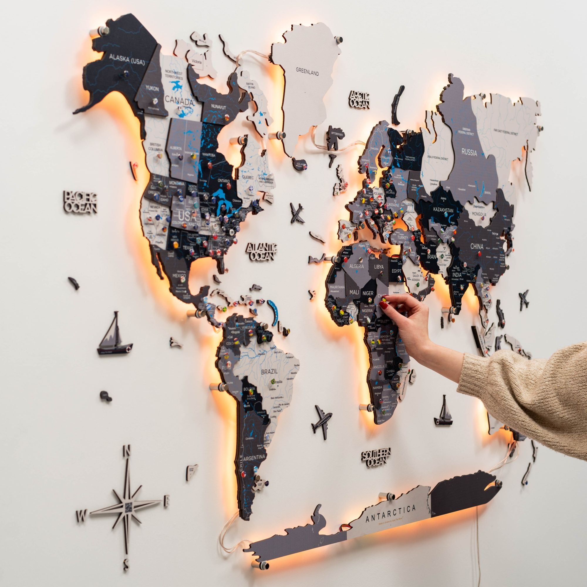 3D LED Wood World Map