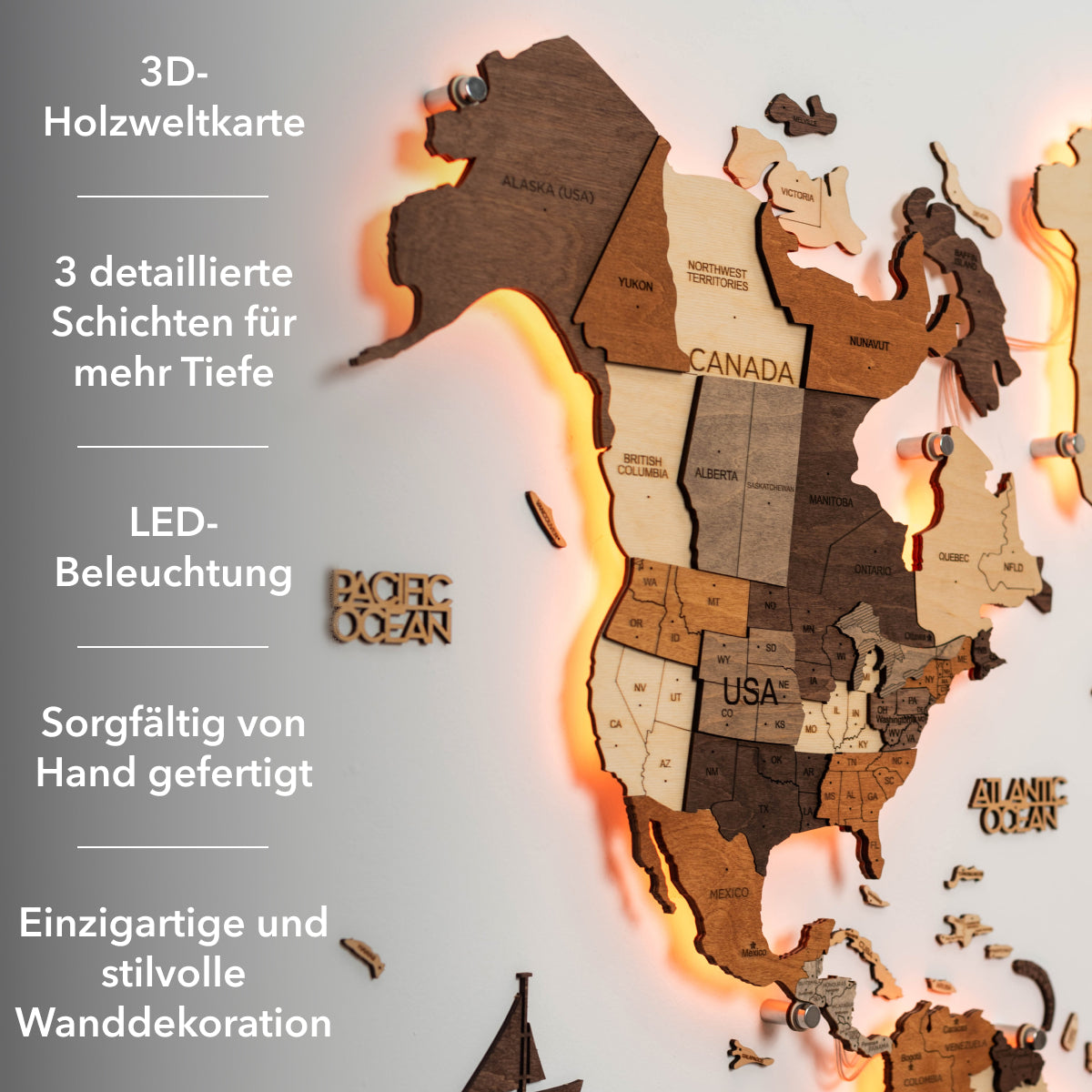3D LED-HolzWeltkarte 3.0 Multicolor