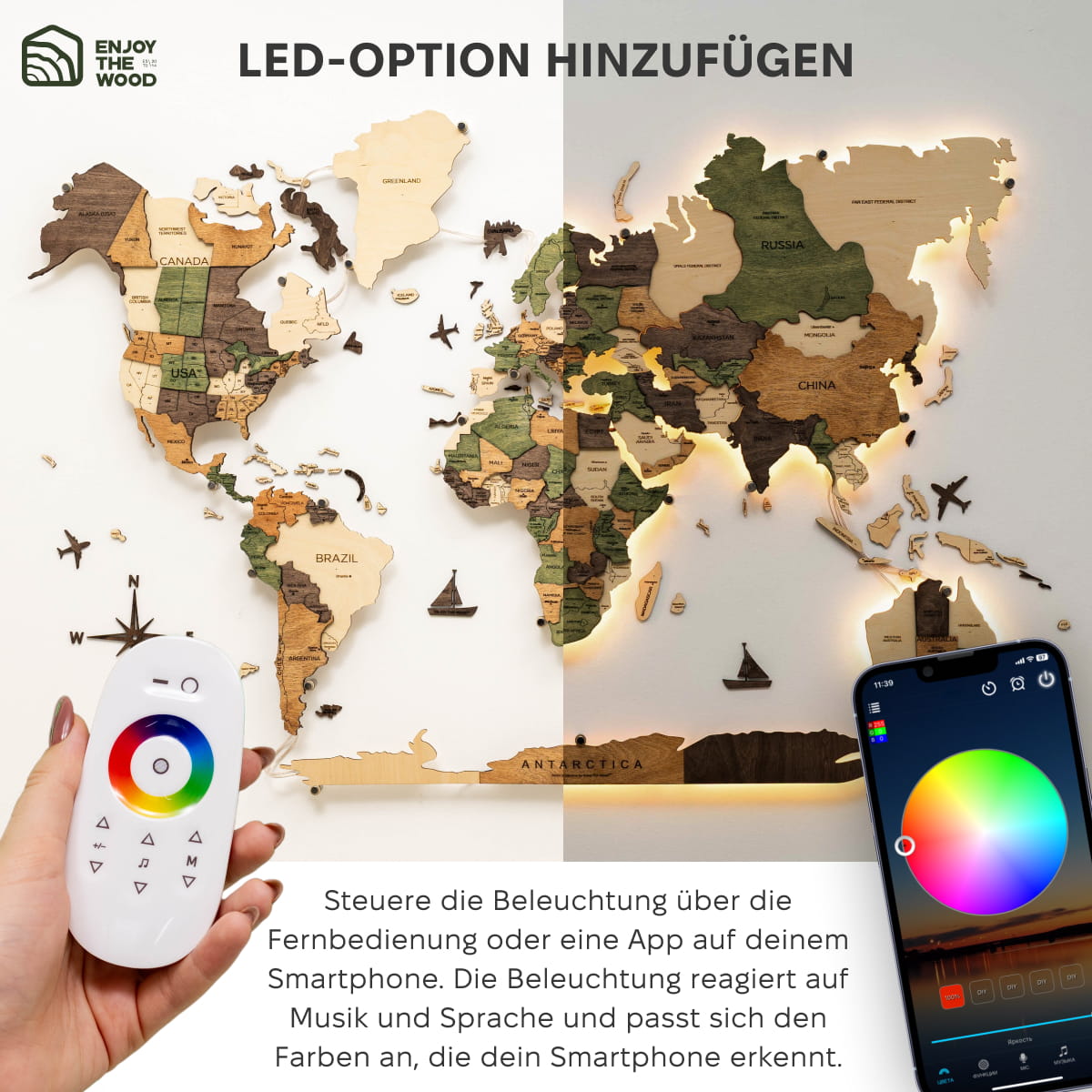 3D LED Holz-Weltkarte 3.0 Natural