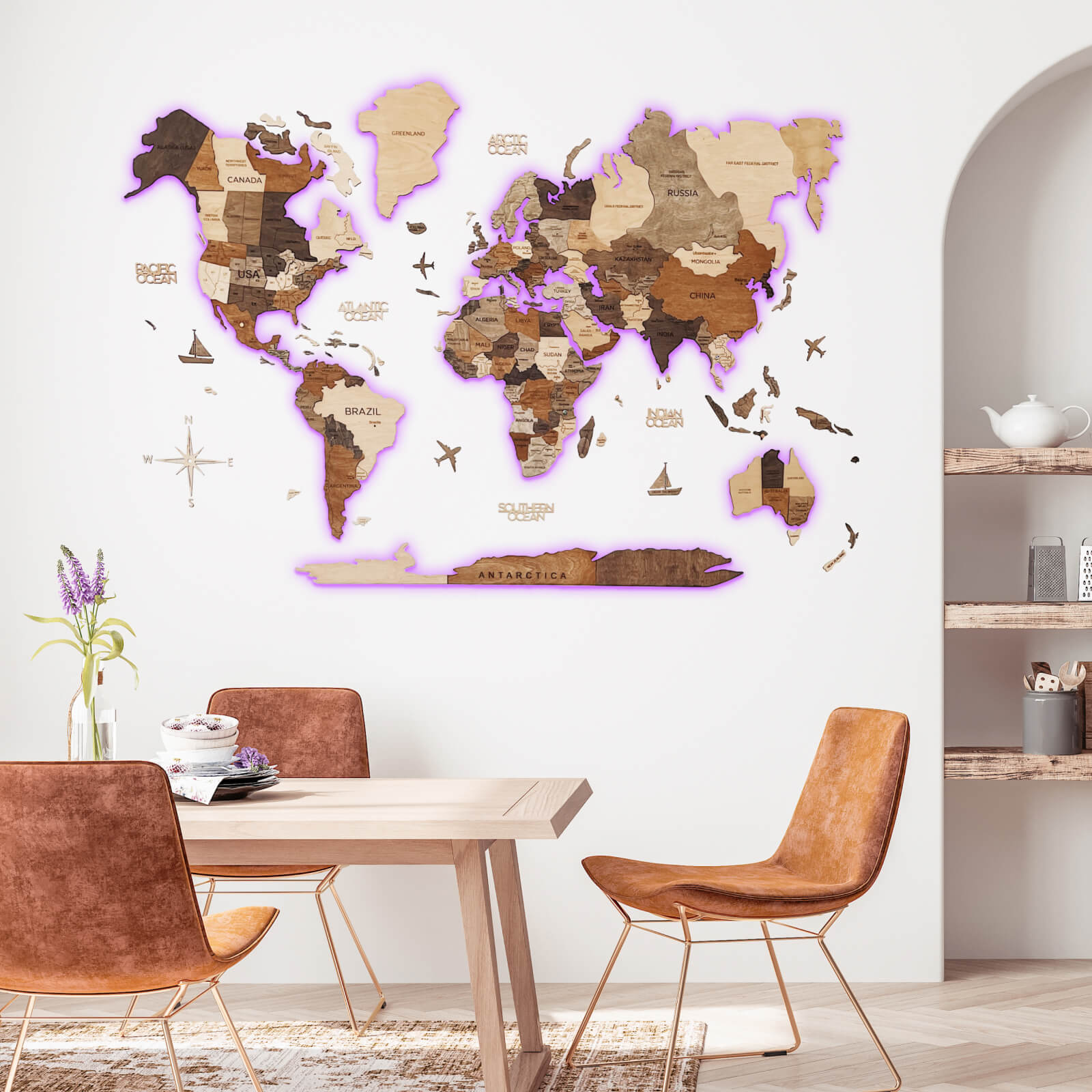 Hölzerne Weltkarte 2D – Wanddekoration 80x55 Cm Aus Birkensperrholz | Mit Klebeband & Schablonen
