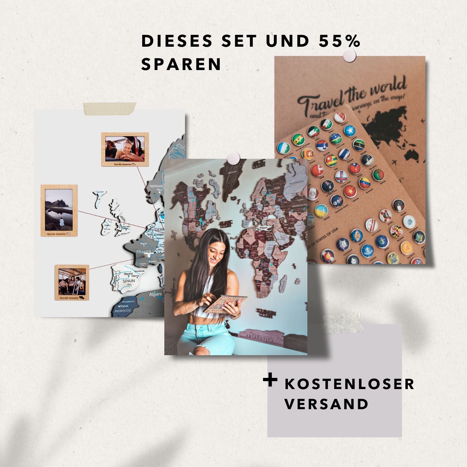 Bundle: 3D farbige Karte mit 9 Fotorahmen und Flaggen Pins