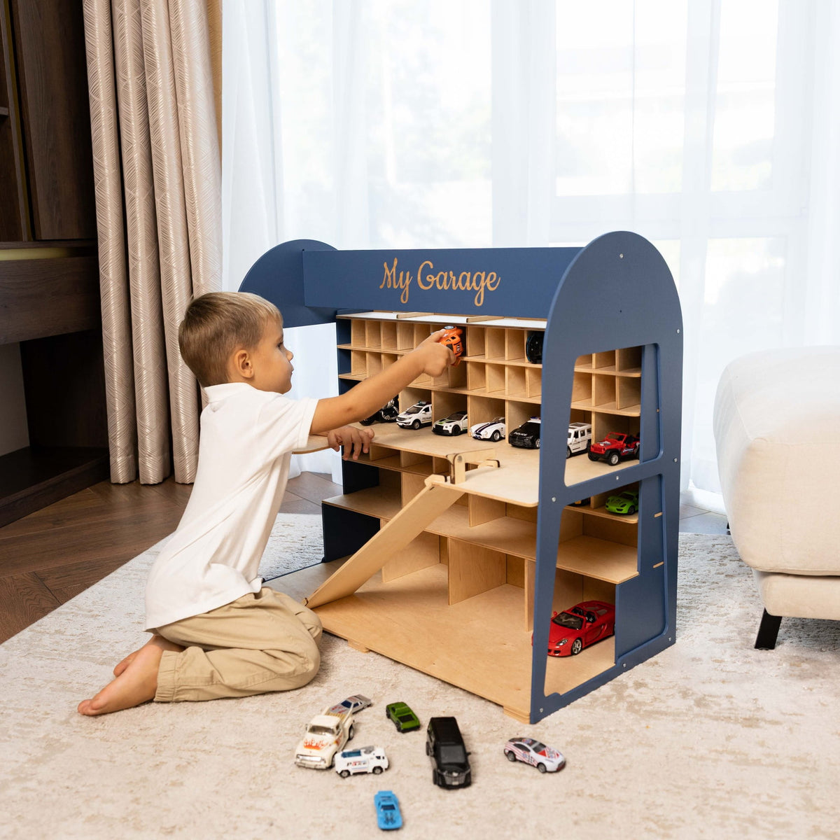 Holz-Parkgarage für Kinder - Navyblau