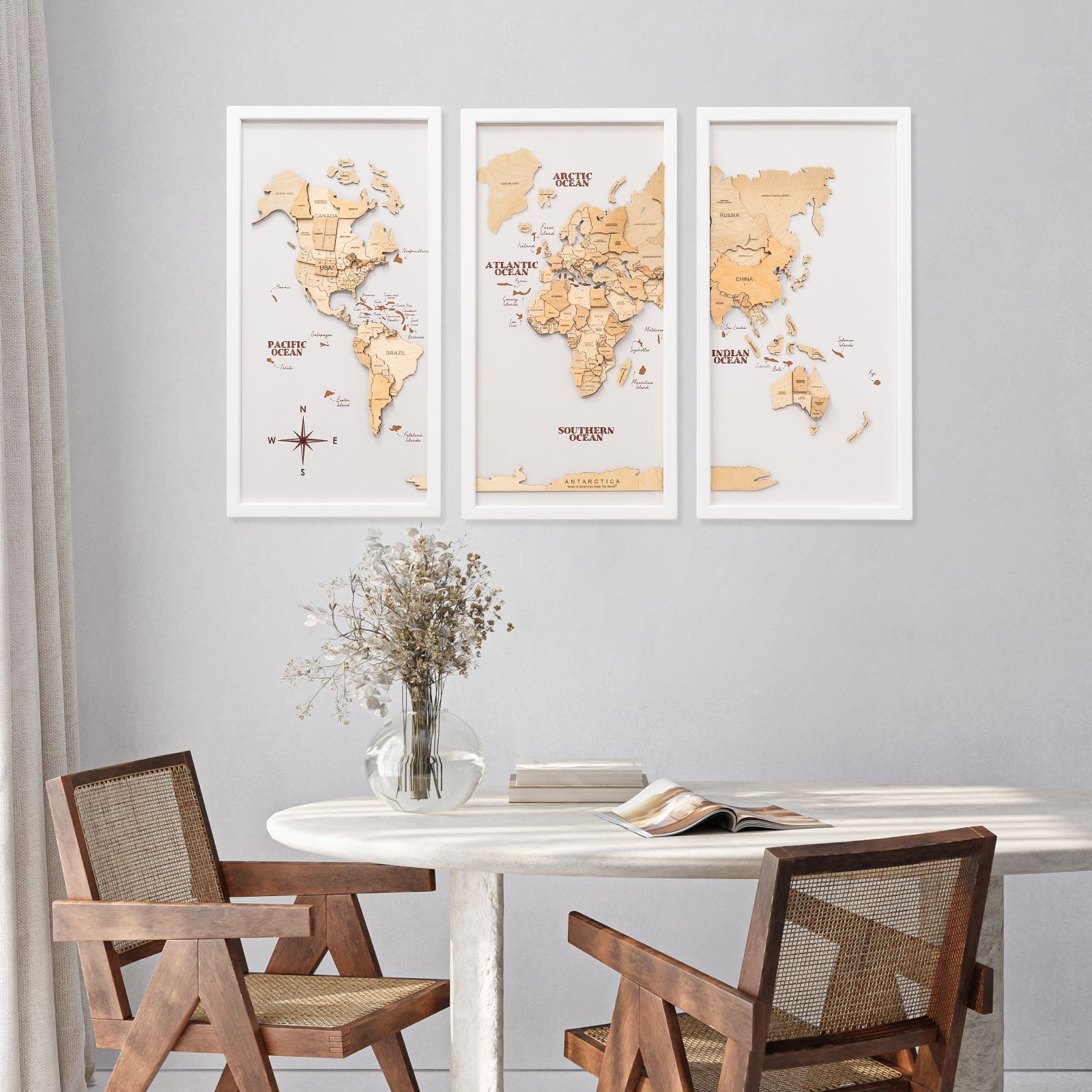 3D Wooden Triptych World Map Terra