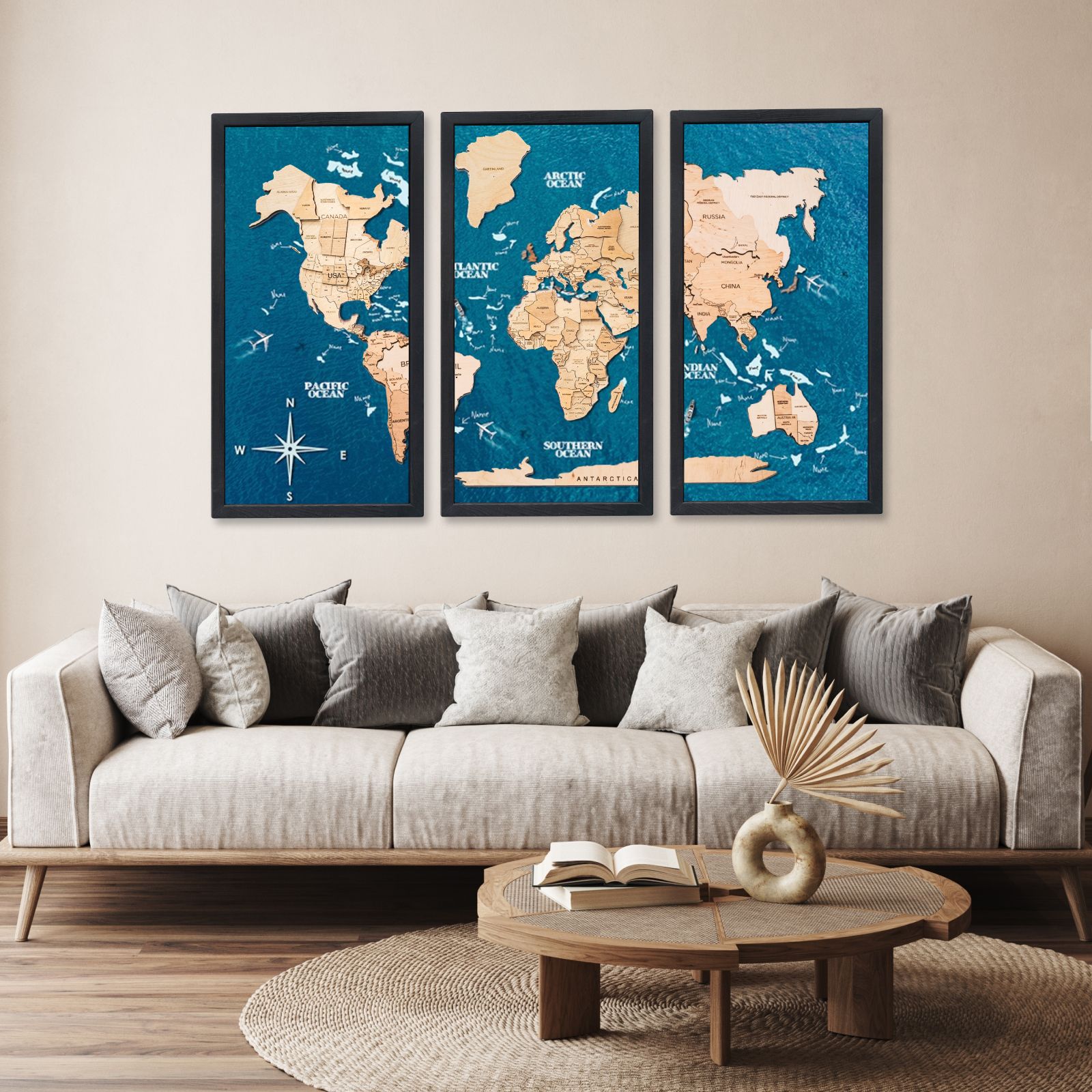 3D Wooden Triptych World Map Terra