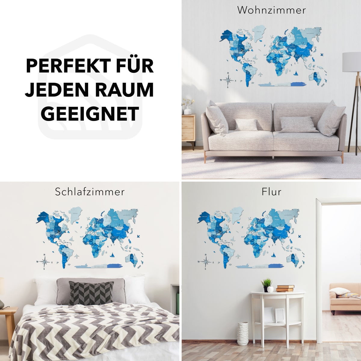 3d weltkarte aus holz azurblau