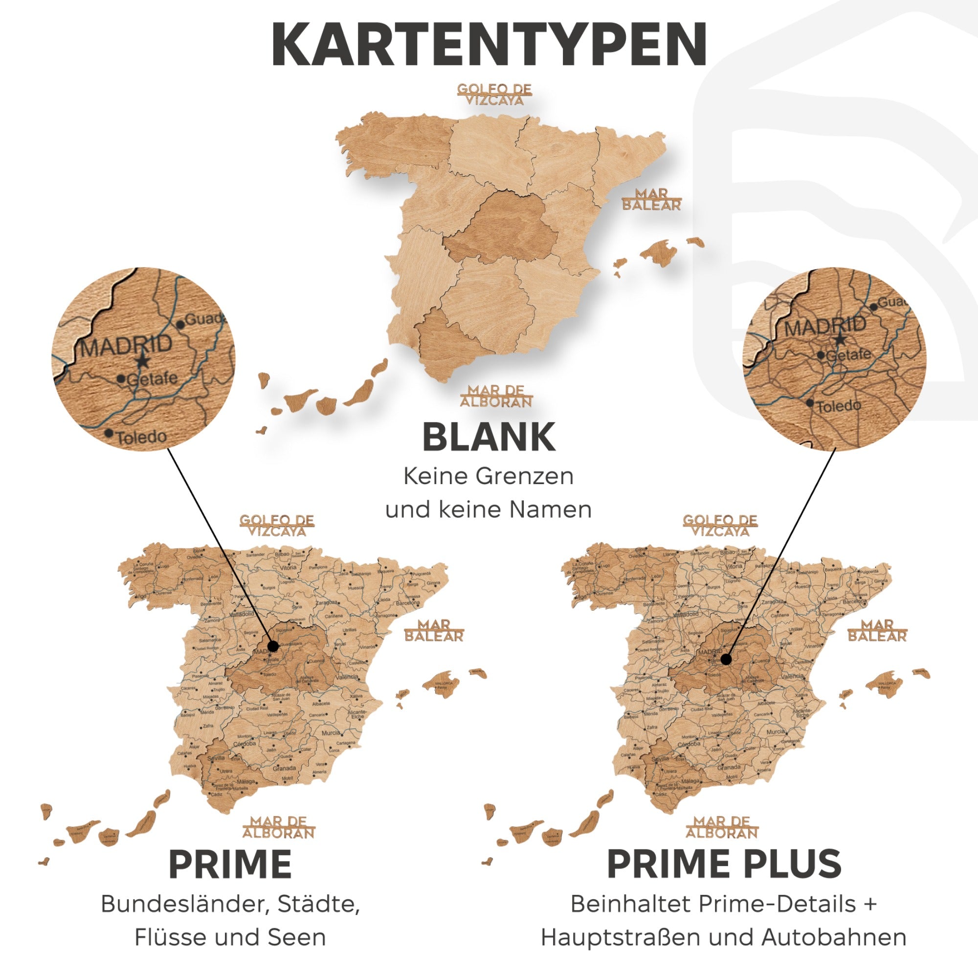 3D Spanienkarte aus Holz – Gold