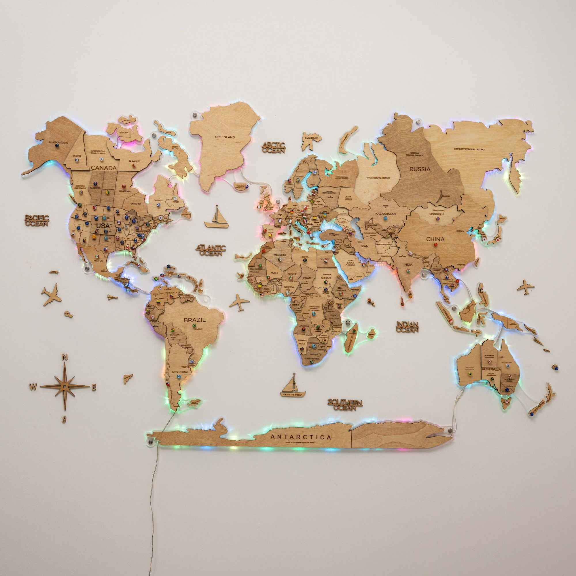 3D LED Wooden World Map 2.0 - Gold