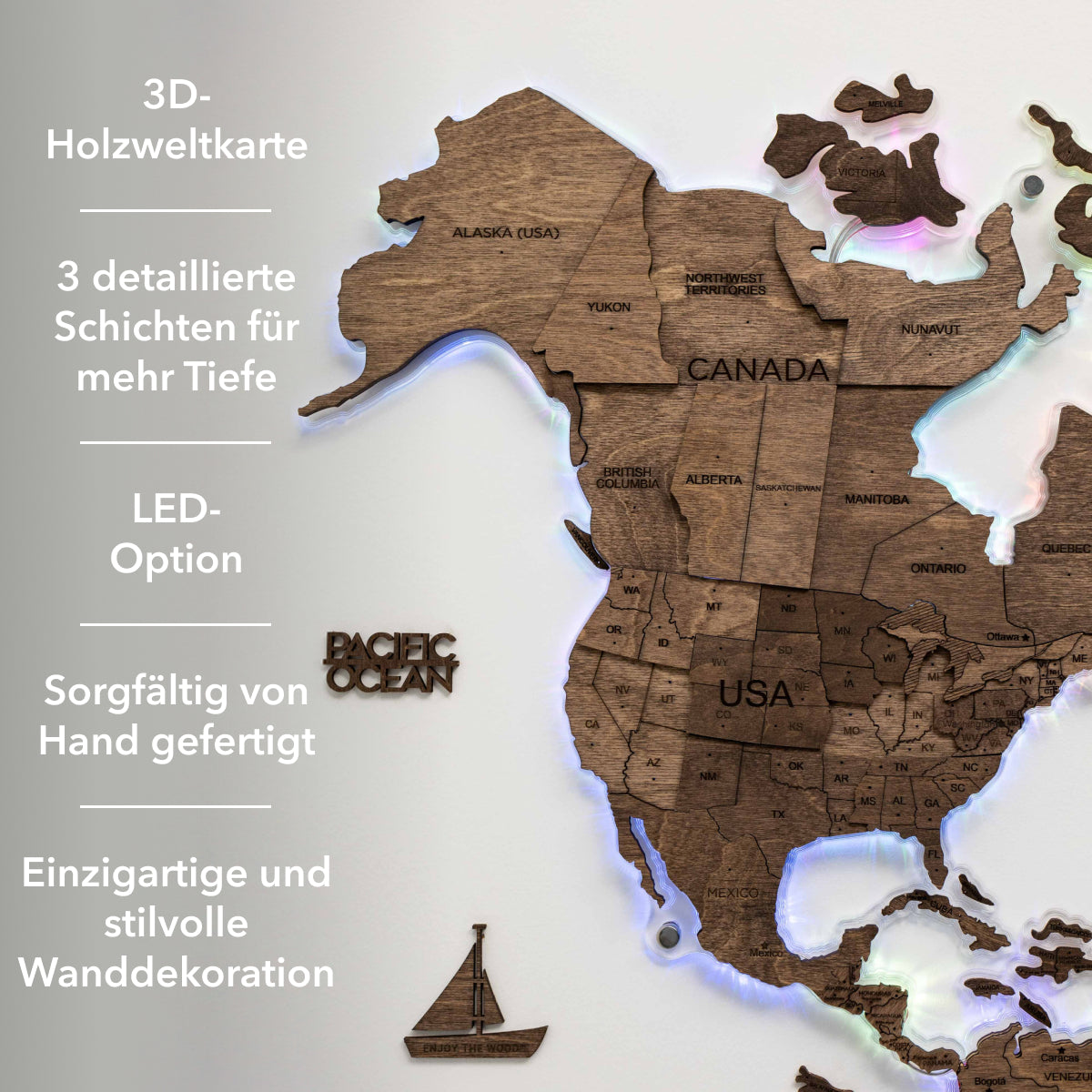 World map wall decoration with LED lights on a gray wall