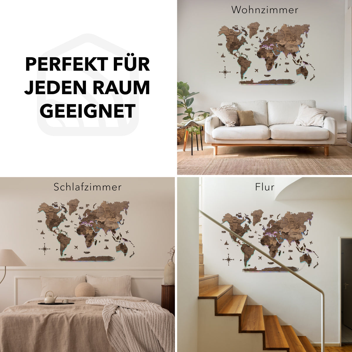 World map wall decoration with LED lights on a gray wall