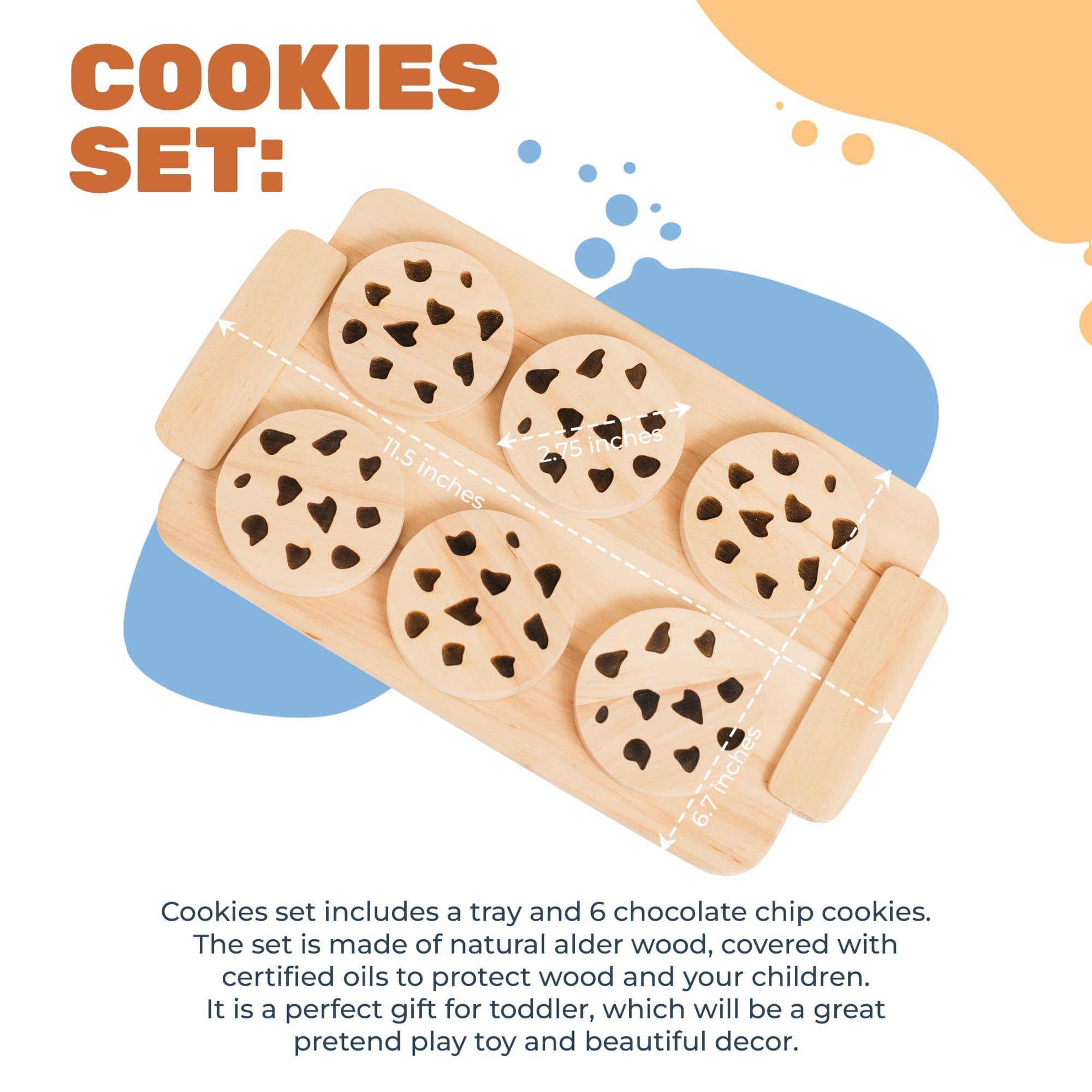 Wooden cookies set with tray and six chocolate chip cookies.